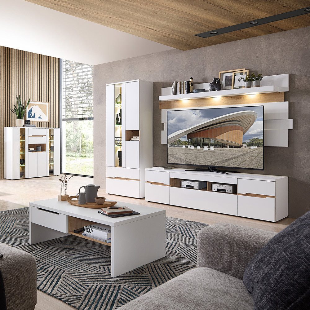 Lomadox Wohnzimmer-Set MANRESA-36-WHITE, (Mega-Spar-Set, 5-St., Highboard Vitrin