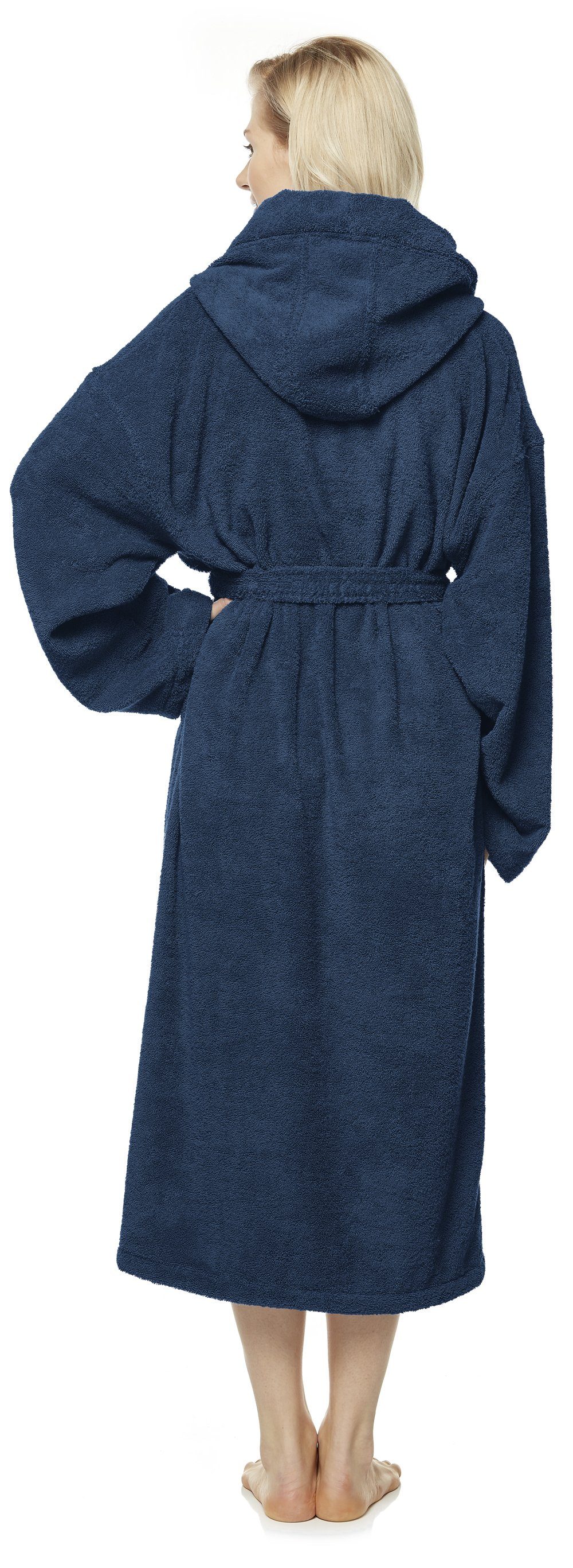 Arus Damenbademantel Astra, 100% Marine wadenlang mit lang, Baumwolle extra oder Baumwolle, 100% Kapuze