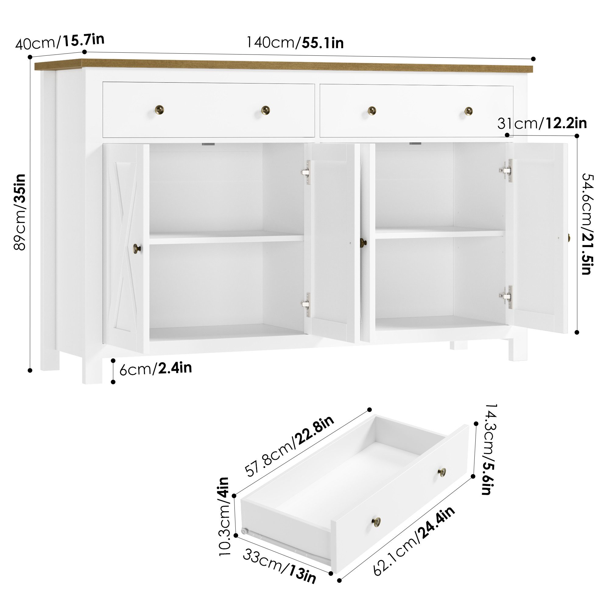 Homfa Sideboard für Küche 140cm Breit, Küchenschrank Buffetschrank mit 2 Schubladen 4 Türen 140x40x89cm weiß – Bild 4 von 5