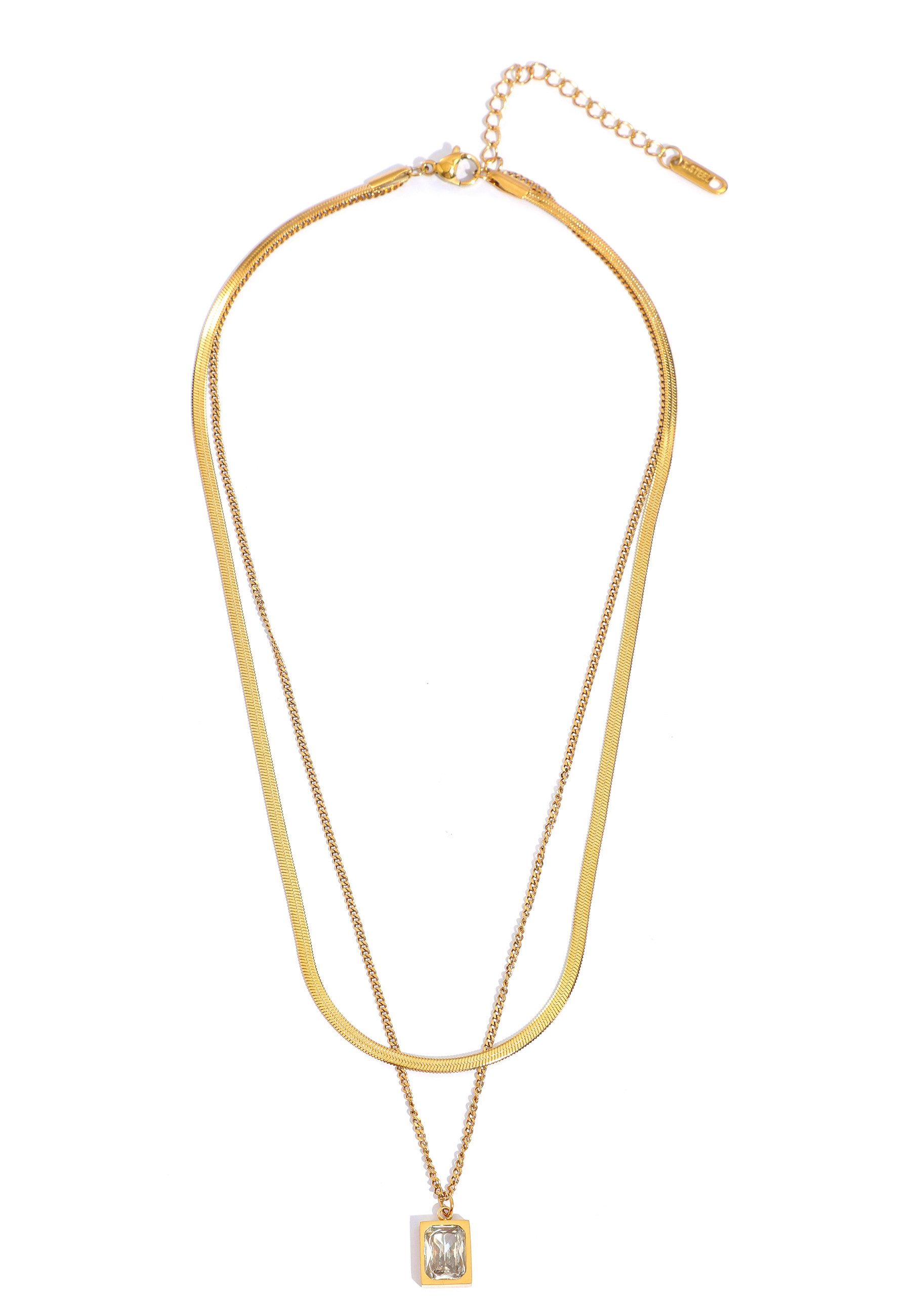 GOLDKLEIN Kette mit Anhänger doppelte Edelstahl Kette vergoldet Schmuck mit Stein – Bild 4 von 4