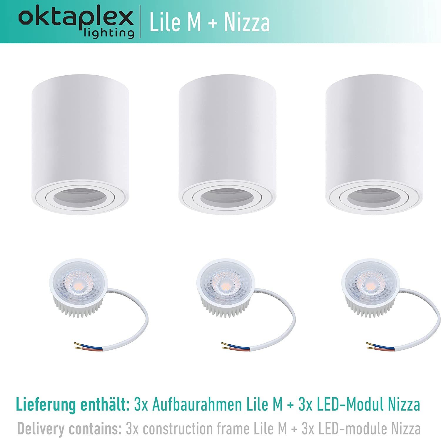 5W Lumen, 30° weiß wechselbar, Aufbauspots Deckenstrahler 3000 3 Leuchtmittel inkl. Leuchtmittel Stück LED 380 Dimmbar, warmweiß, 80mm Kelvin Oktaplex 230V lighting LED Höhe schwenkbar