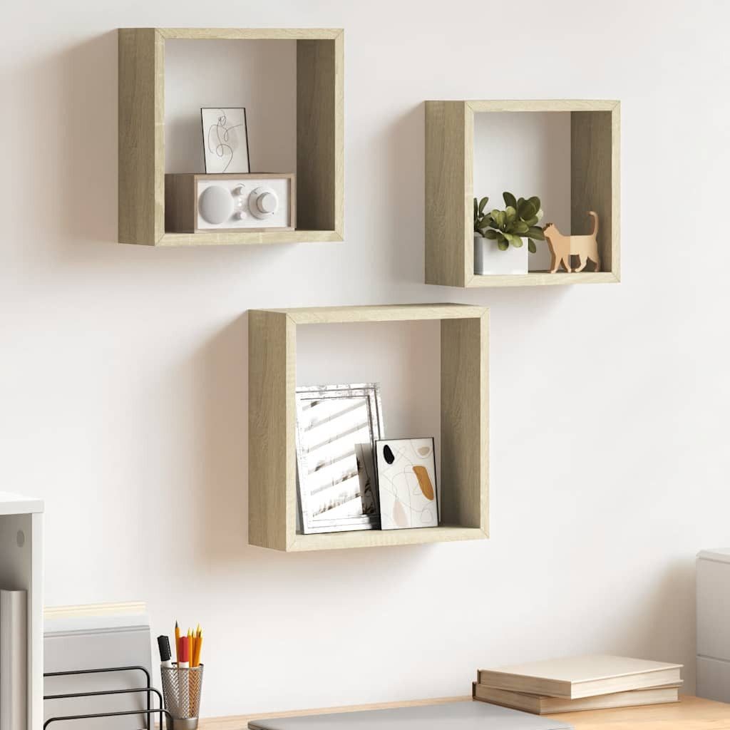 furnicato Regalwürfel 3er Set Wand-Würfelregale MDF Sonoma-Eiche 30x10x30 cm, 27x10x27 cm