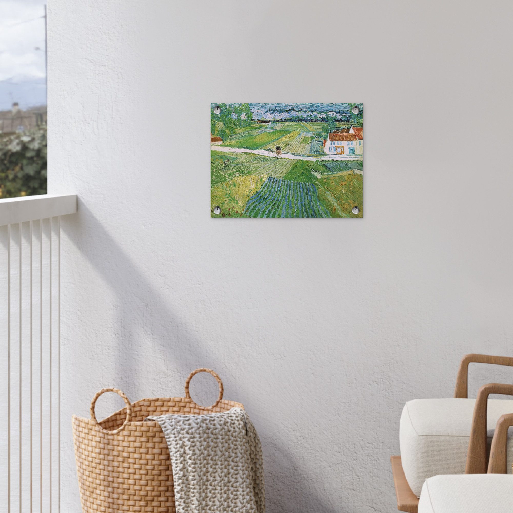 OnlyWow Poster für Garten Landschaft mit Kutsche und Zug - Vincent van Gogh, Gartenposter, Outdoor Bilder, Gartendekoration Bild, 40x30 cm