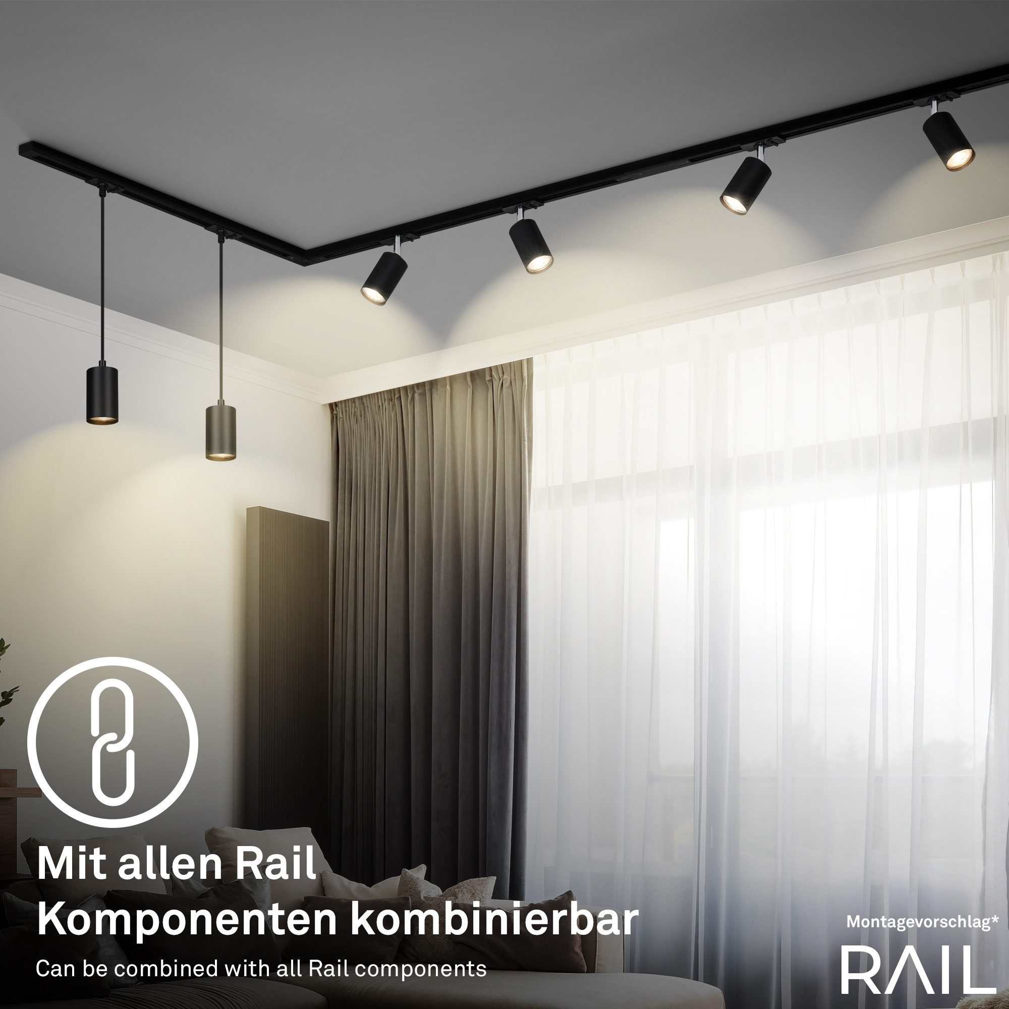 Briloner Leuchten Schienensystem-Leuchten RAIL, ohne Leuchtmittel, LED Pendelleuchte 80x1500mm Schwarz 5,5W Schienensystem Rail Küche – Bild 4 von 5