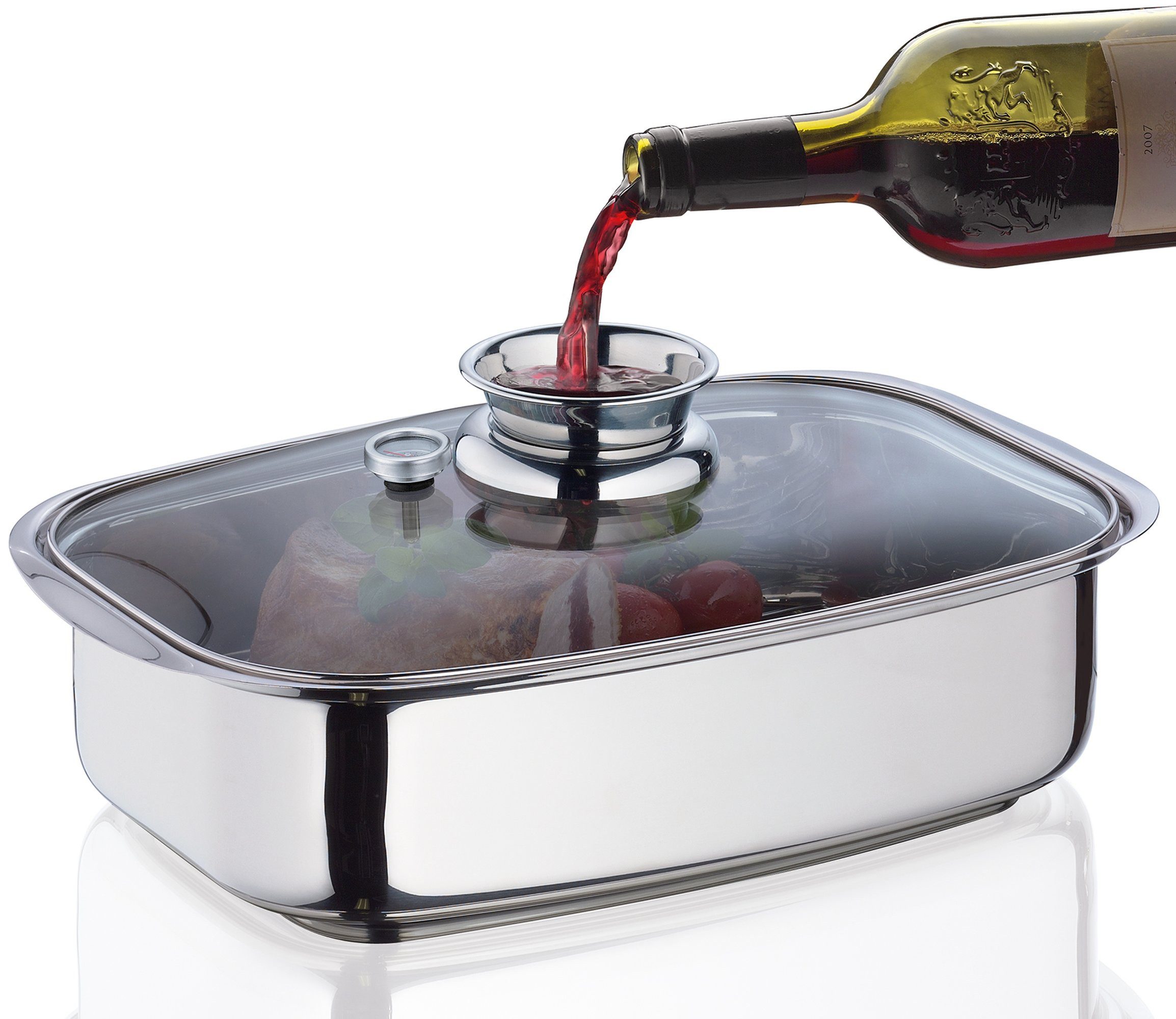 Küchenprofi Bräter Aromabräter Dampfgarer Edelstahl 36 cm mit Aromaknopf, Edelstahl Glas (1-tlg), Backofengeeignet Extra starker Mehrschichtboden