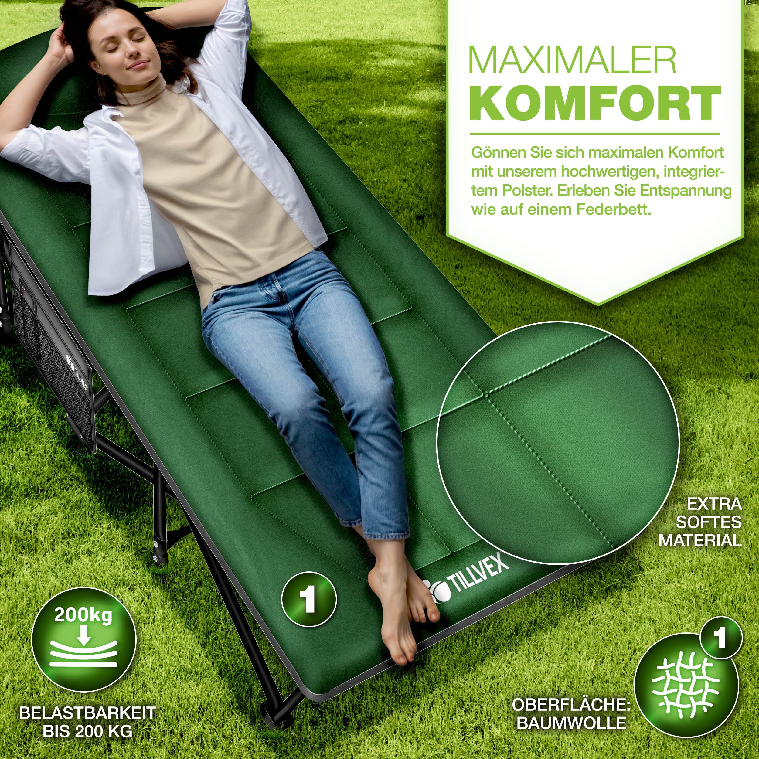 tillvex Feldbett tillvex® Campingbett klappbar mit Tragetasche, Campingliege extra (Klappbett Gästebett faltbar Garten Camping Angeln Festival Reise, Karpfenliege für Outdoor & Indoor) transportieren
