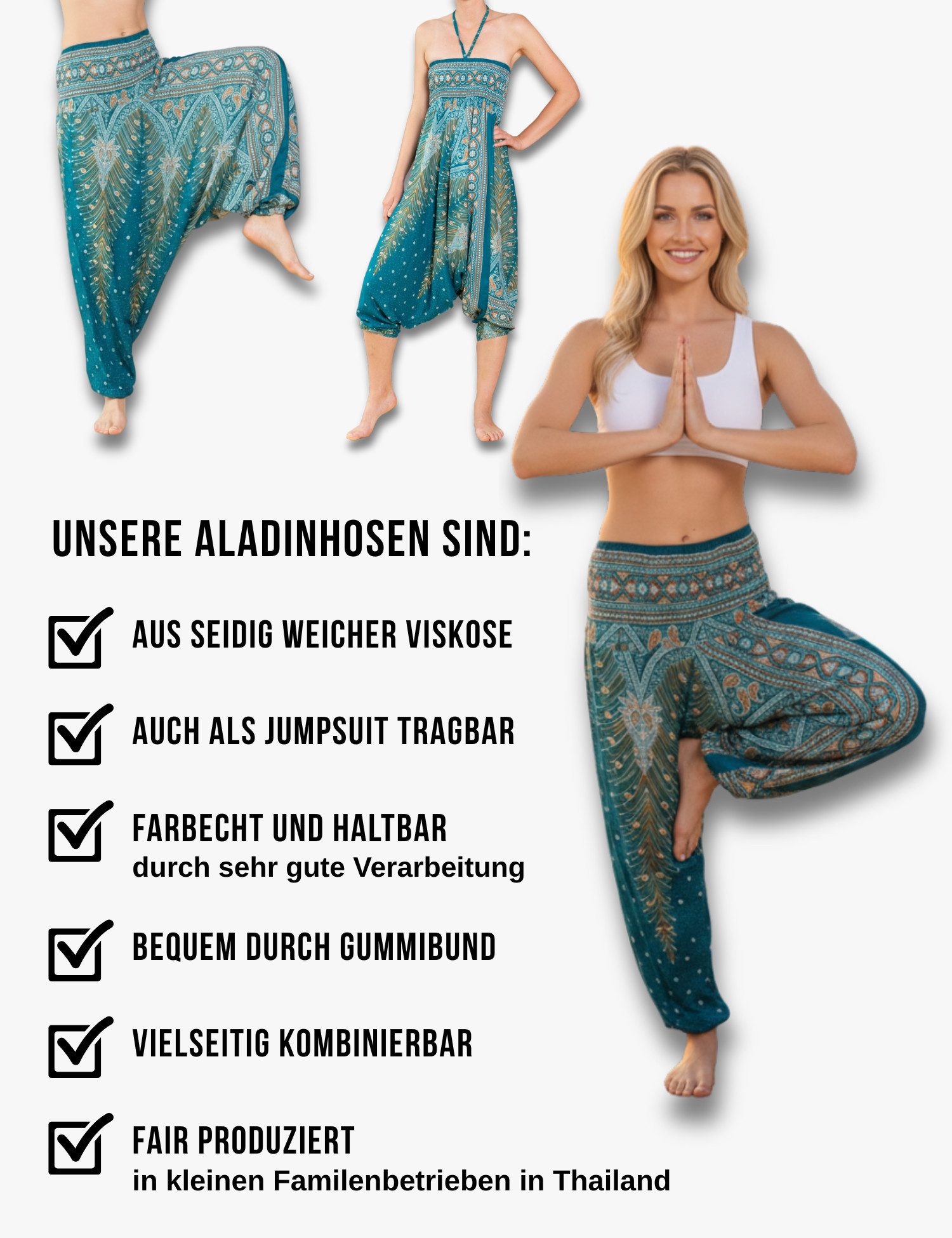 PANASIAM Haremshose Aladinhose im schönen Peacock Design Haremshose aus 100% natürlicher Viskose auch als Overall tragbar Damen Pumphose bequeme Freizeithose