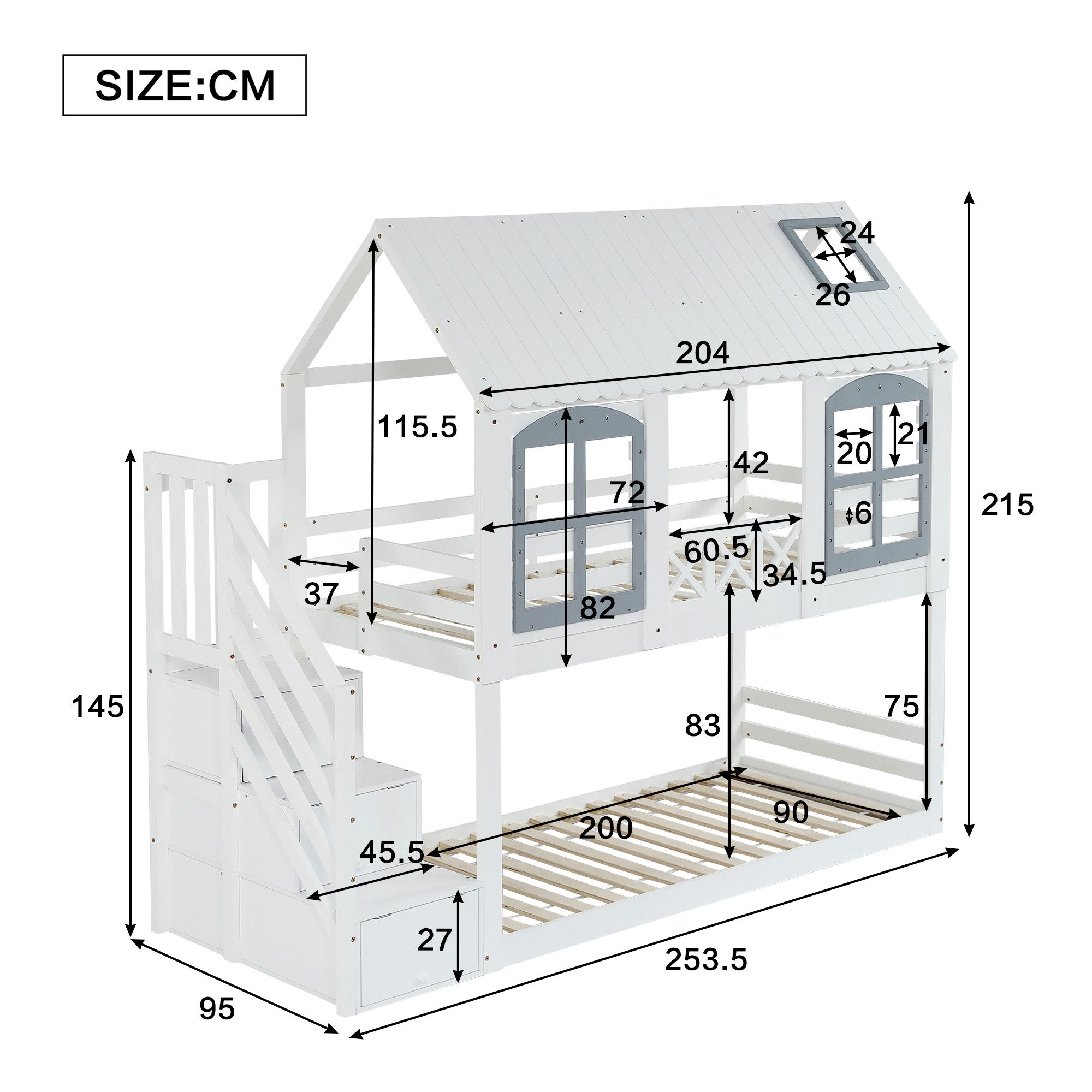 Merax bunk bed (3 lockers in the stairs, 1-pc., pine wood bed, youth bed, house bed with safety rail), children's bed 90x200cm with storage stairs, loft bed with window & roof