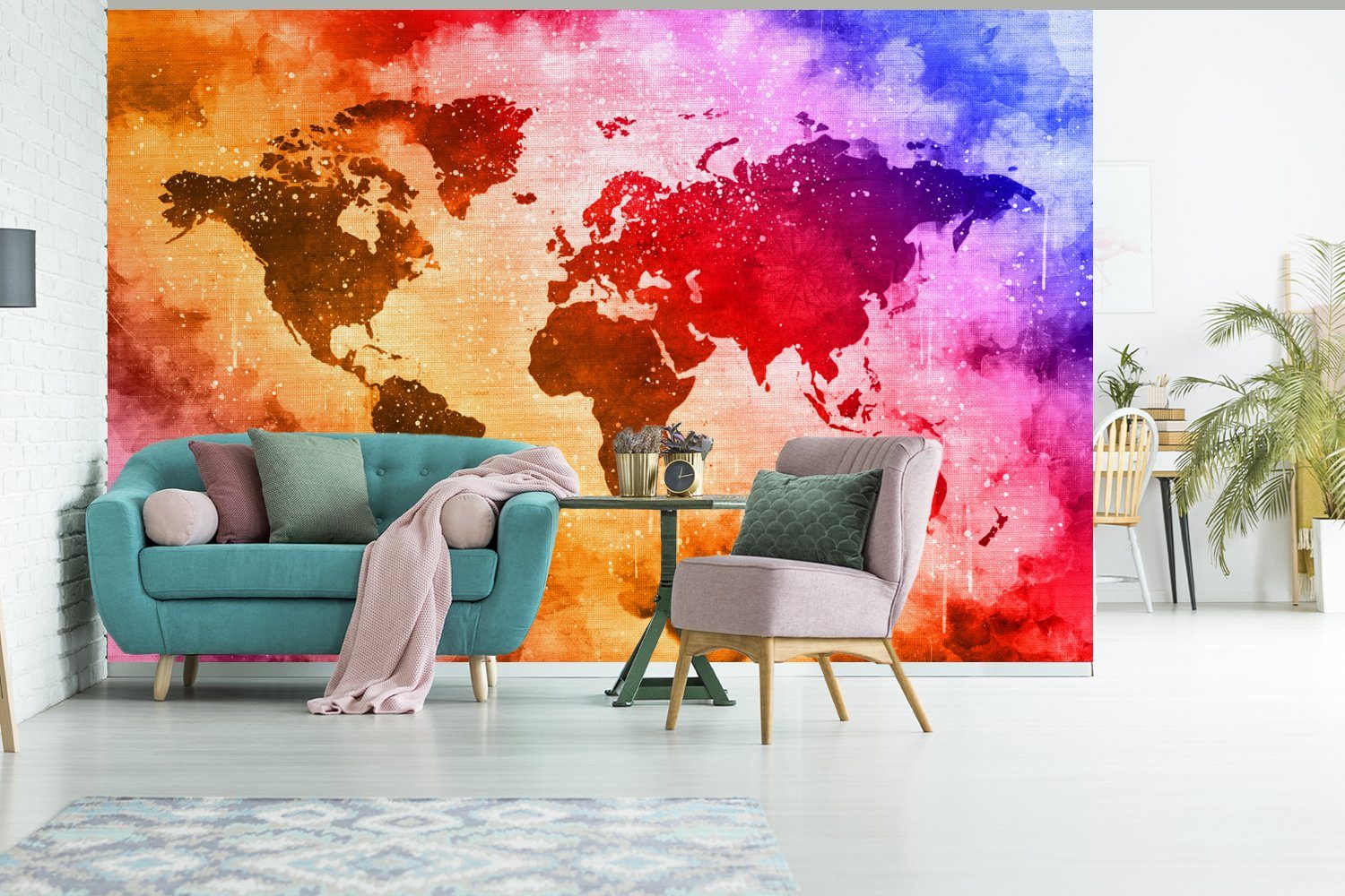 Wallpaper Weltkarte Farben, Wohnzimmer, St), Kinderzimmer, (6 Matt, MuchoWow Tapete Farbe Vinyl für bedruckt, Schlafzimmer, - - Fototapete