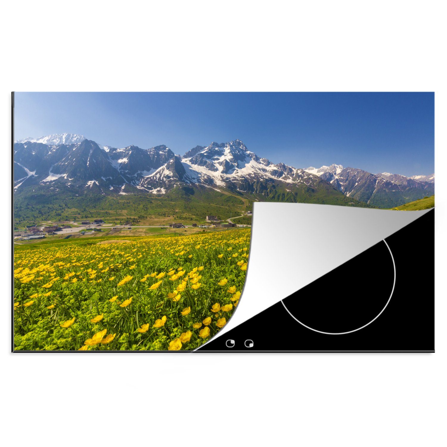 Schutz Schnee Alpen, Herdblende-/Abdeckplatte MuchoWow (1 Ceranfeldabdeckung tlg), Induktionskochfeld Blumen küche, Vinyl, die - 81x52 cm, für -