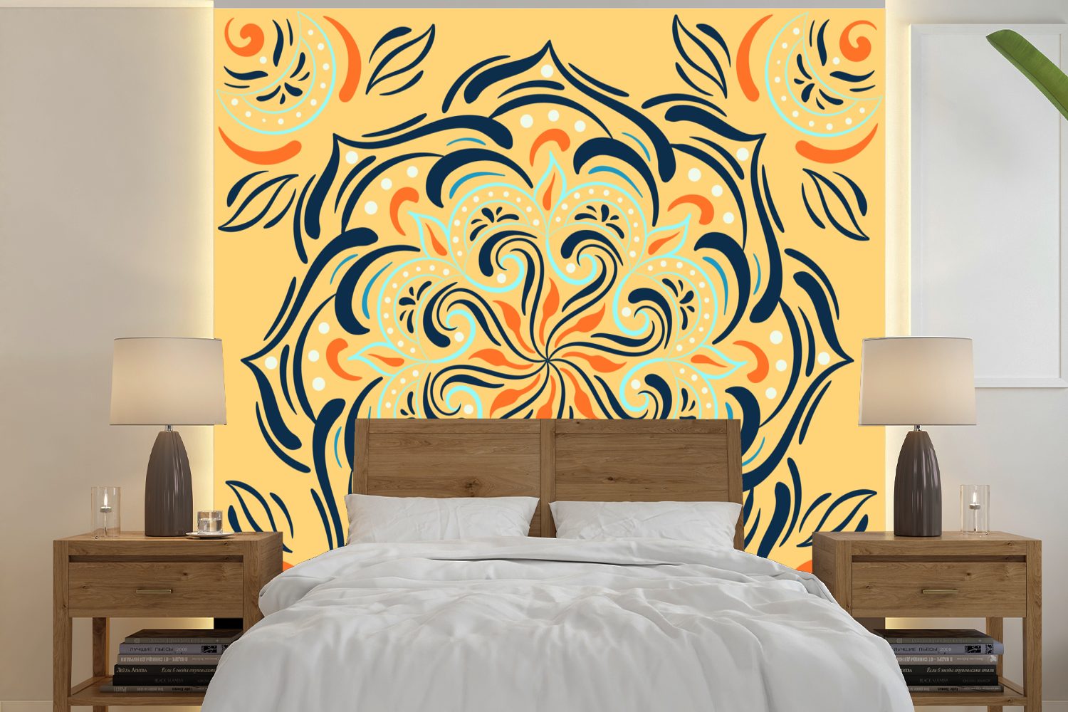 MuchoWow Fototapete Blume - Blätter - Gelb - Muster, Matt, bedruckt, (5 St), Vinyl Tapete für Wohnzimmer oder Schlafzimmer, Wandtapete
