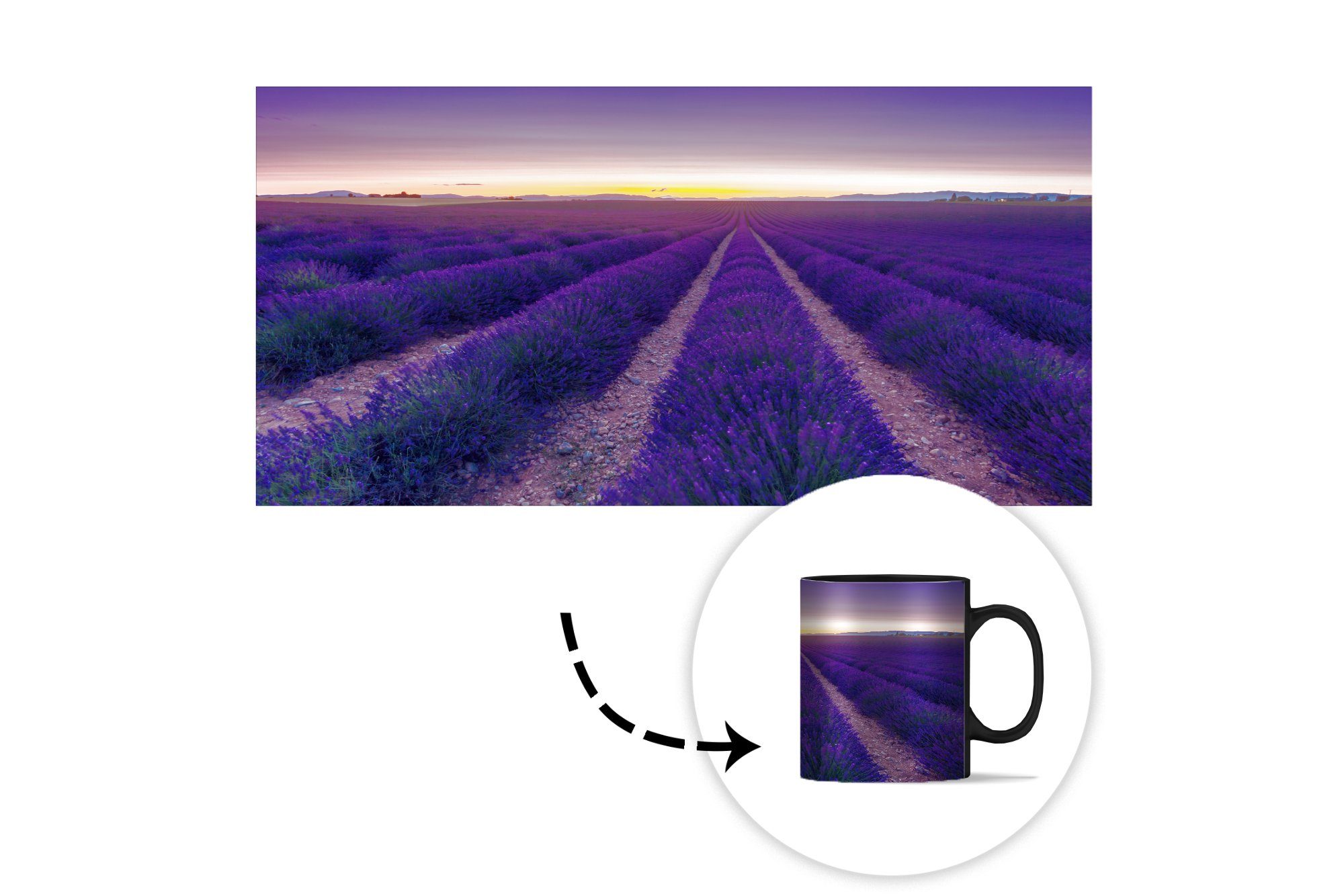MuchoWow Tasse Geschenk Farbwechsel, einem Lila Kaffeetassen, Himmel in über Lavendelfeld, Reihen Keramik, Zaubertasse, Teetasse