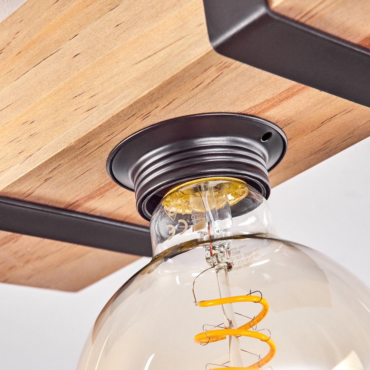 hofstein Deckenleuchte Deckenlampe aus Metall/Holz in Schwarz/Natur, ohne Leuchtmittel, im skandinavischen Design mit Holzbalken, 1 x E27, ohne Leuchtmittel