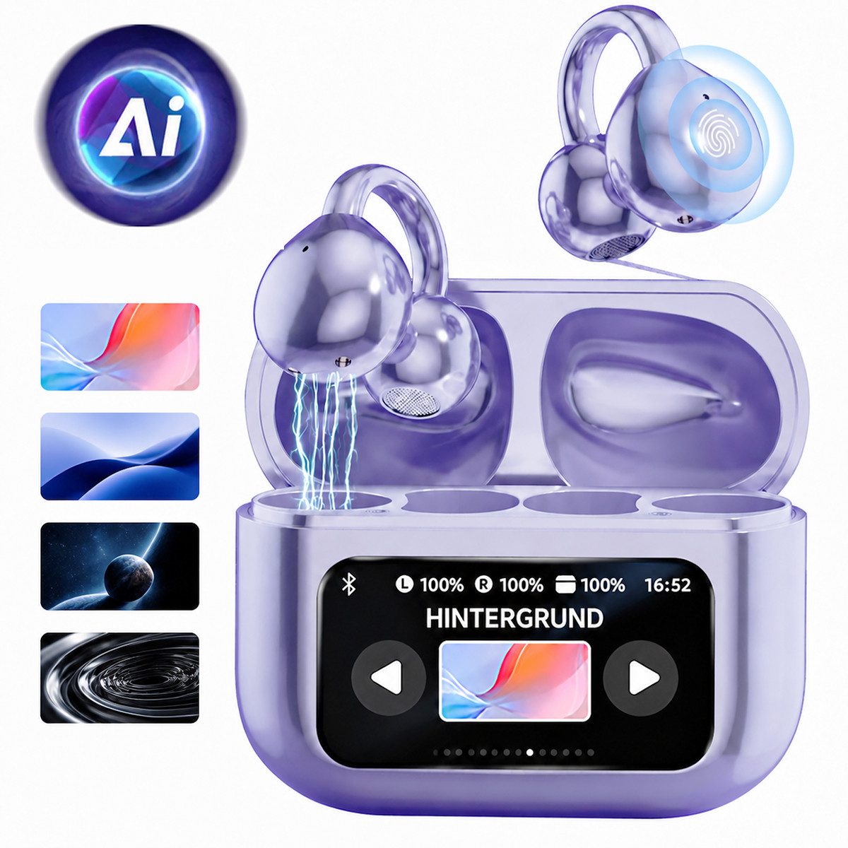 Vashoy Bluetooth kopfhörer mit ohrclip,Offene AI-Übersetzungs-Kopfhörer Bluetooth-Kopfhörer (Echtzeit-Übersetzungsfunktion, Mit Protokollfunktion, Drahtlose Verbindung Bluetooth, 5.4 Bluetooth, wasser- und winddicht, Ohrclip-Design,mit Display)