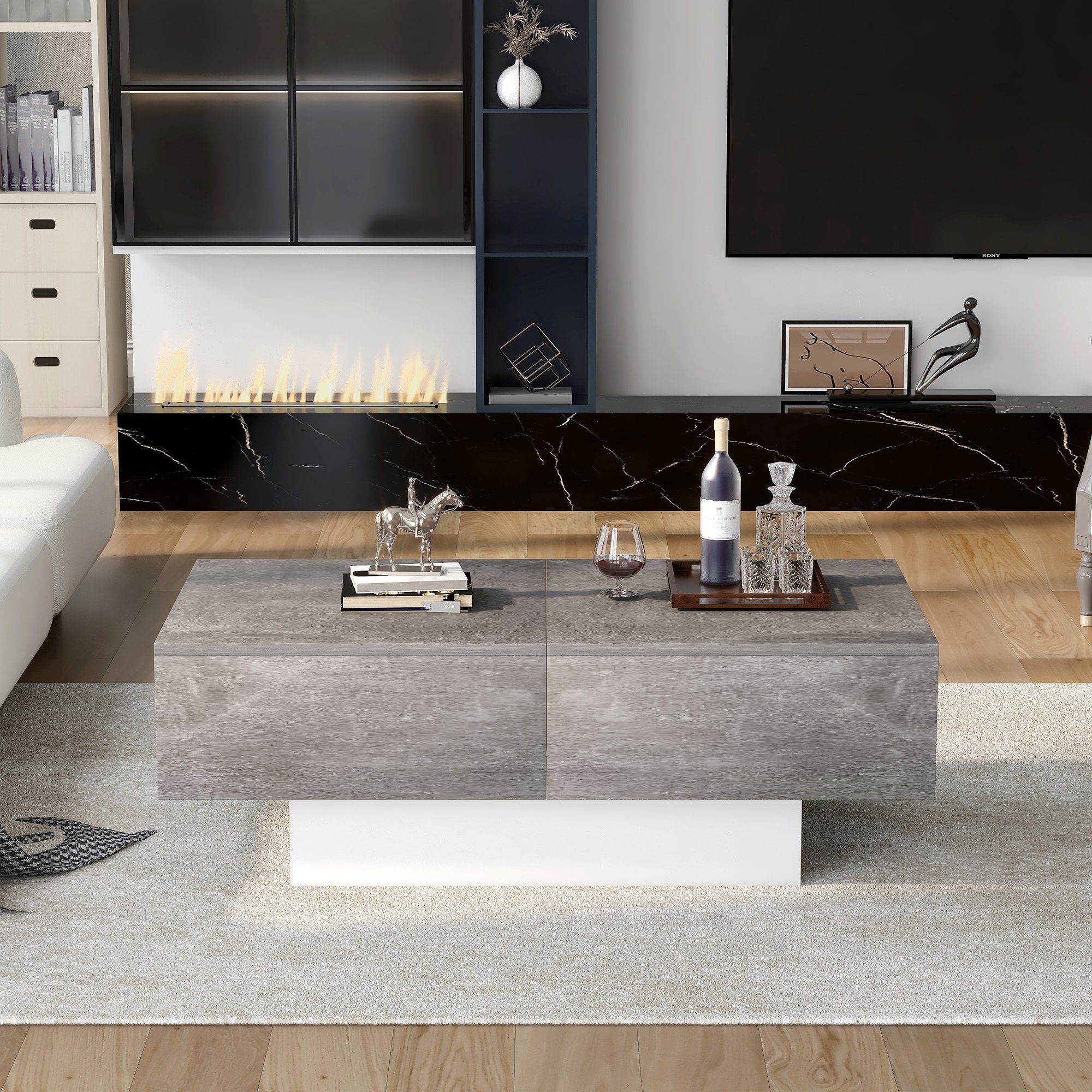 Couchtisch, Wohnzimmertisch ausziehbar, mit 2 Staufächern, (102-159)x60x40cm, Grau