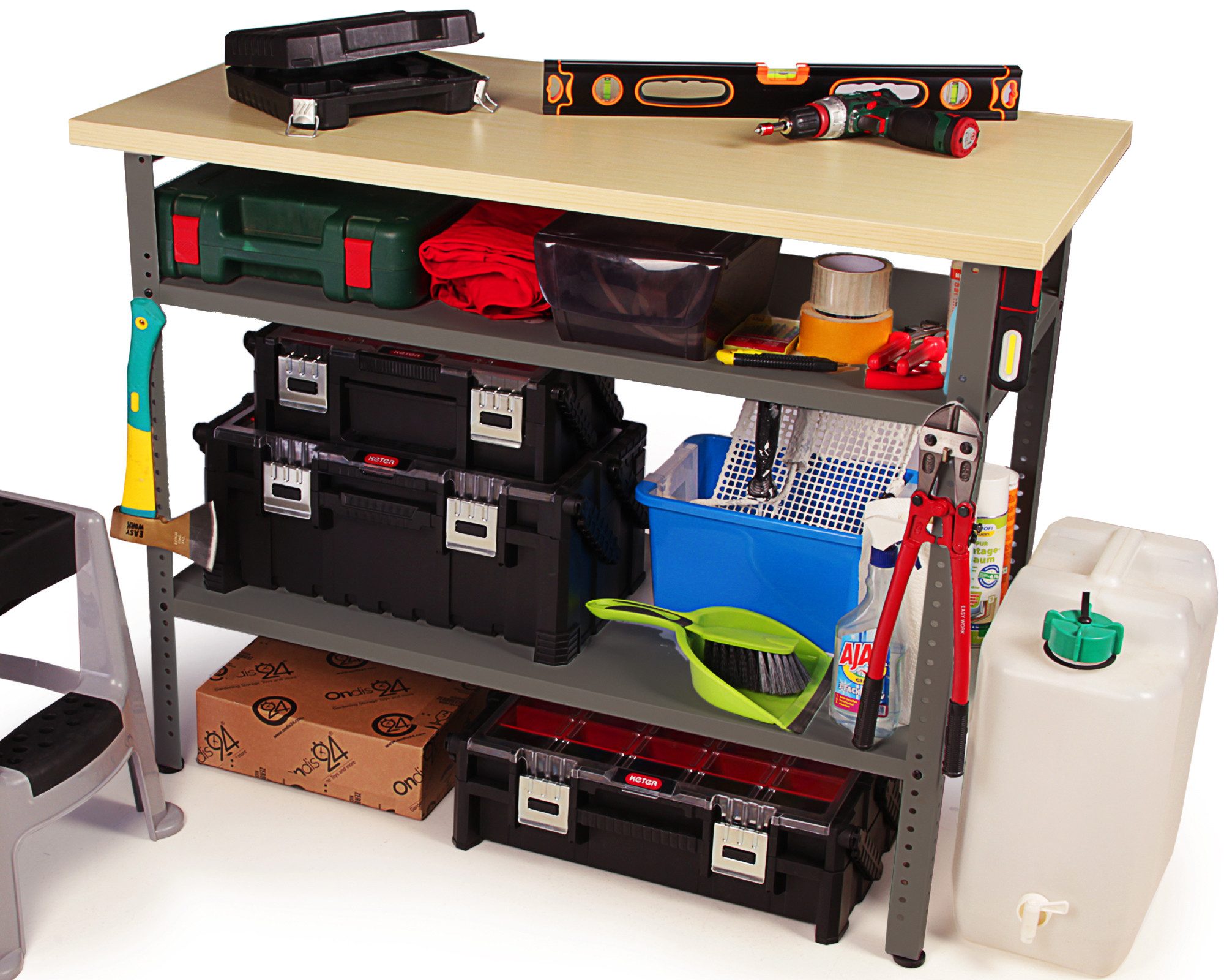 ONDIS24 Werkbank Werkbank Nobbi Pro 120cm, Dunkelgrau, (1-tlg), große, variabel einsetzbare Ablagen, höhenverstellbare Justierfüße