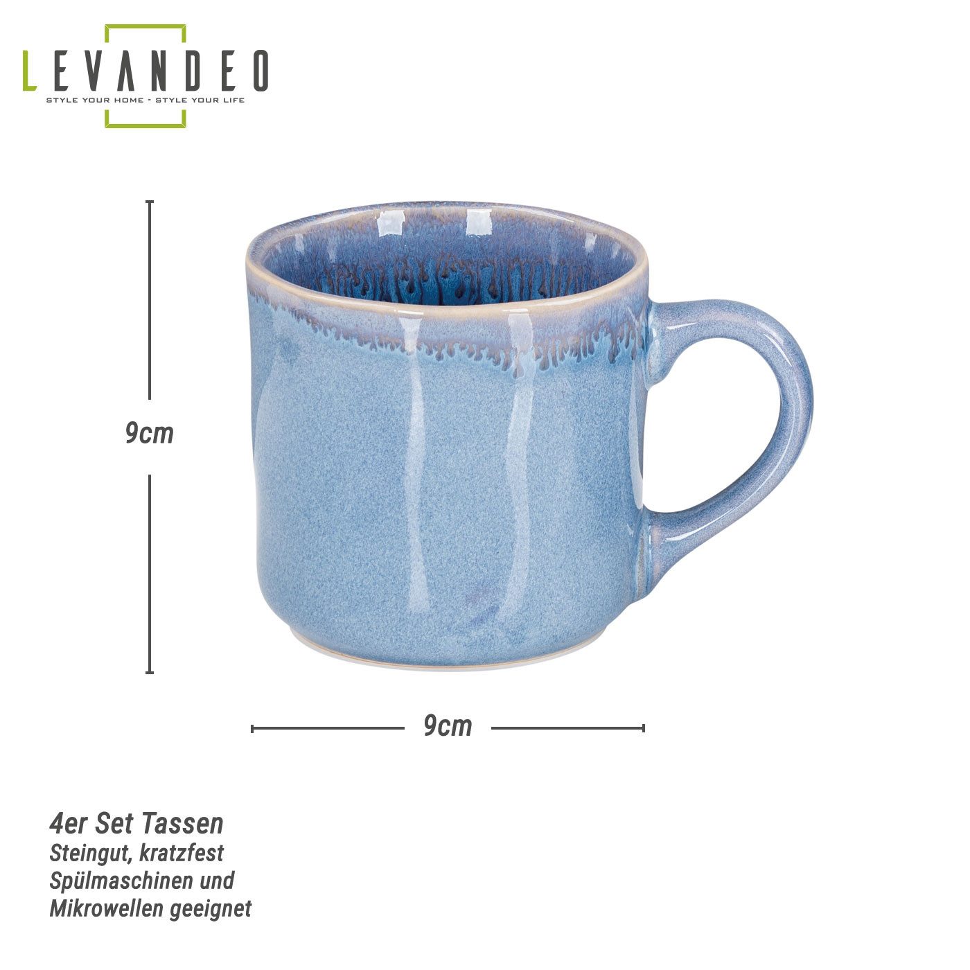 Levandeo® Becher, 4er Set Steingut Becher 350ml Tasse Blau Kaffeepott Tasse Modern