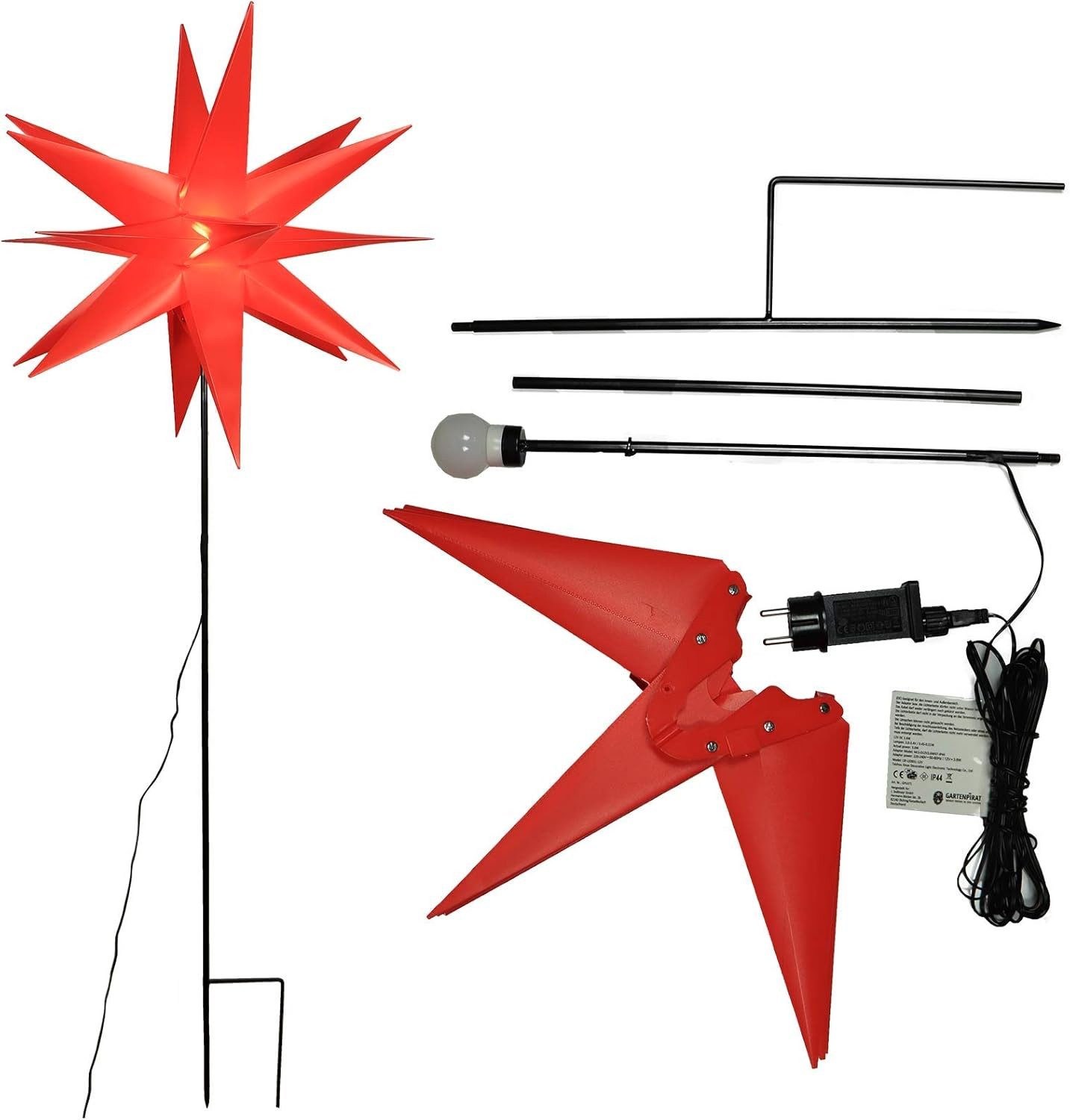 Gartenpirat LED Stern Metall-Gartenstab 18-Zacken-Stern rot mit LED-Birne warmweiß außen, Timer-und Schalter-Funktion: Schalter mit 3 Funktionen(ON/OFF/TIMER)