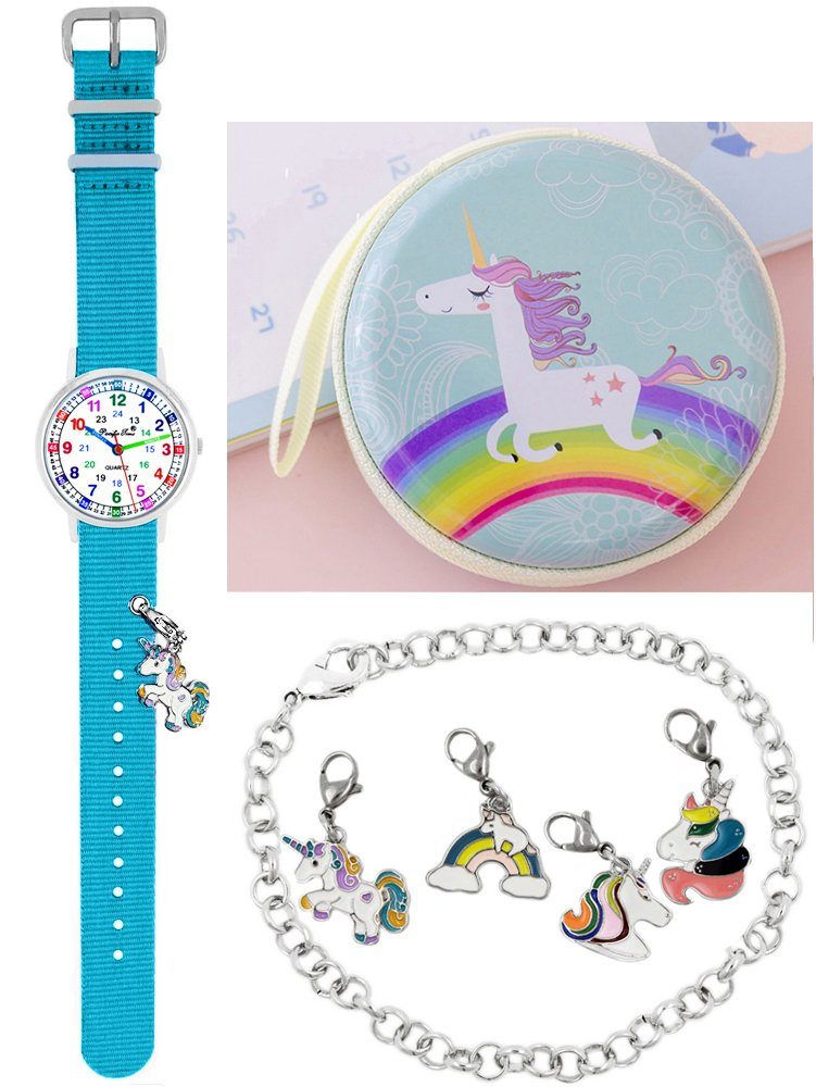 mit Kinder Quarzuhr Pacific Time Versand Charms, - Mix Armbanduhr Design hellblau Einhorn Match und Wechselarmband Lernuhr Gratis