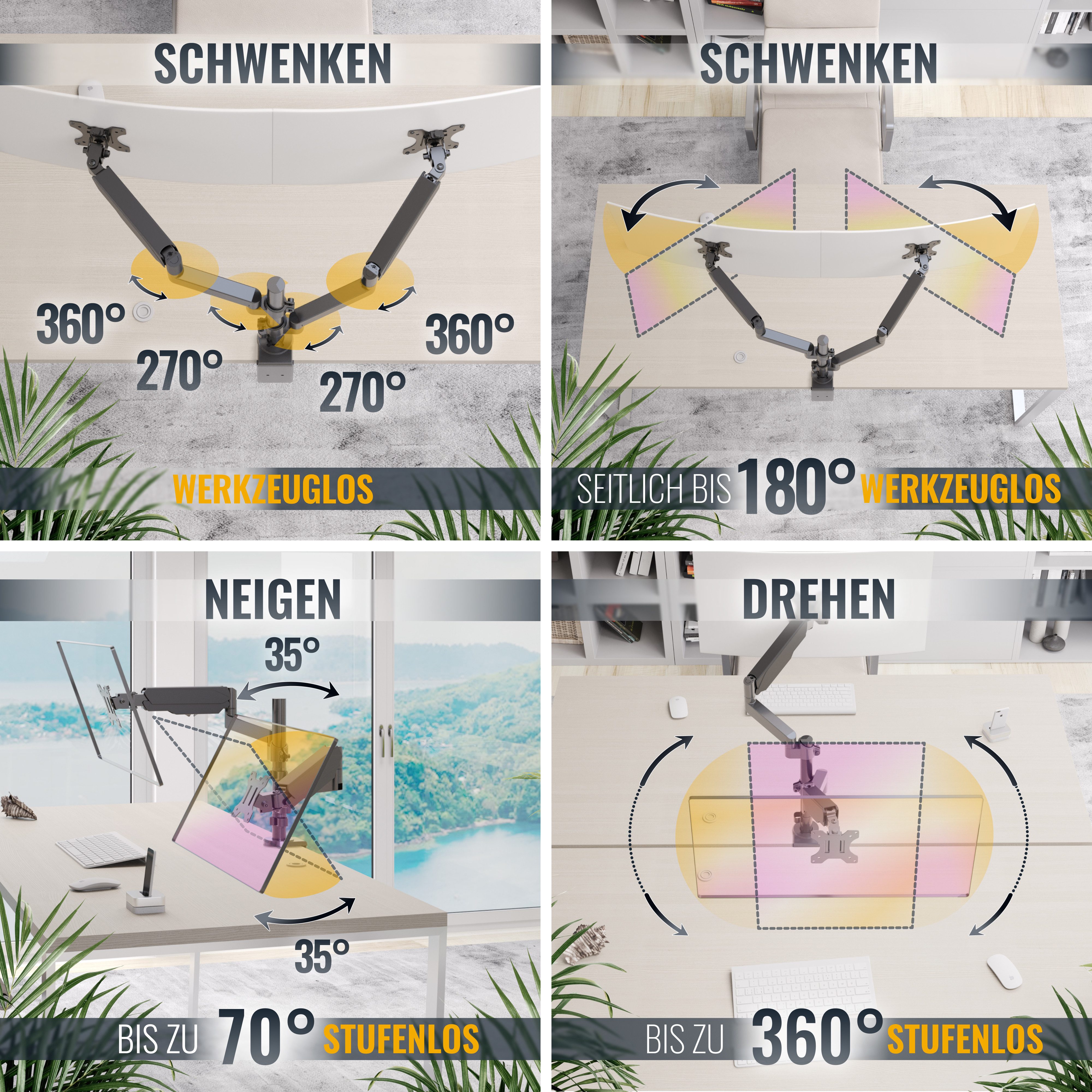RICOO Monitor-Halterung Monitor Tischhalterung mit Gasdruckfeder für 2 Bildschirme TS9611, (bis 32 Zoll, VESA 75x75 und 100x100, 1-tlg., min. 1 Kg - max. 8 Kg, von 43-81 cm (17"-32) Bildschirm-Diagonale, neigbar +/-35°, schwenkbar +/-90° Dual Monitorständer)