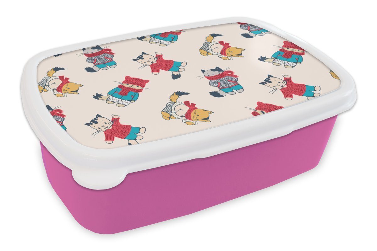 MuchoWow Lunchbox Winter - Katze - Tiere - Muster, Kunststoff, (2-tlg), Brotbox für Erwachsene, Brotdose Kinder, Snackbox, Mädchen, Kunststoff rosa