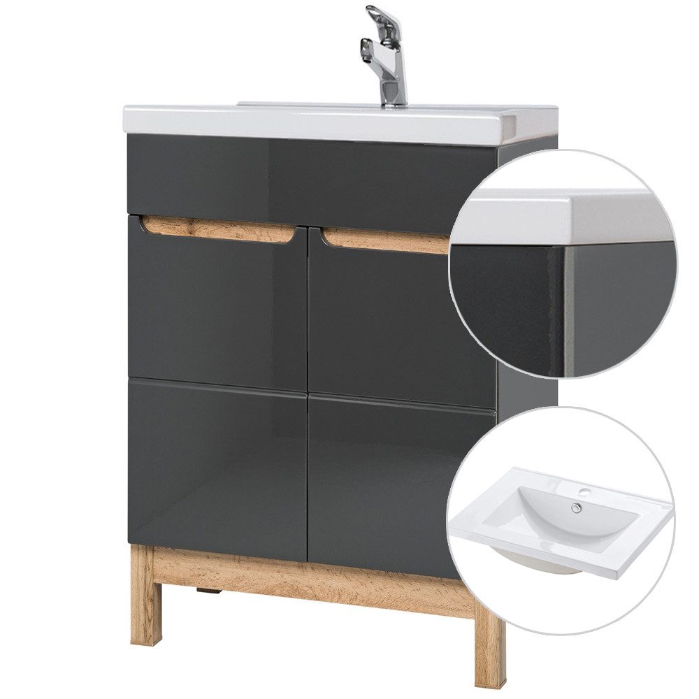 Lomadox Waschtisch SOLNA-56, grau mit Wotaneiche 61x85x46cm