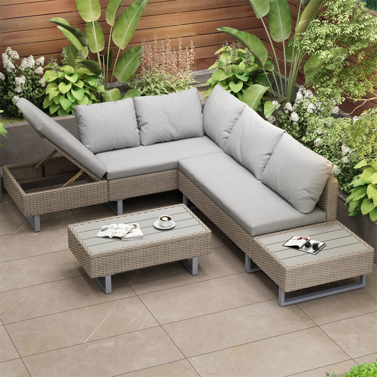 autolock Gartenlounge-Set Poly-Rattan-Garnitur,Gartengarnitur,Gartenlounge,mitEcksofa, Tisch,Auflagen,abnehmbarer und waschbarer Stoffbezug