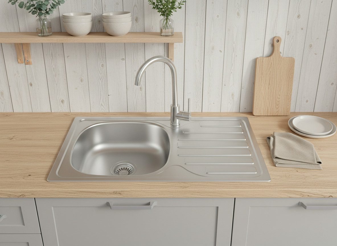 Faizee Furniture Stainless Steel Sink, Stainless Steel Built-in Kitchen Sink, Sink with Drain Fitting + Tap, Rectangular, 76/15 cm