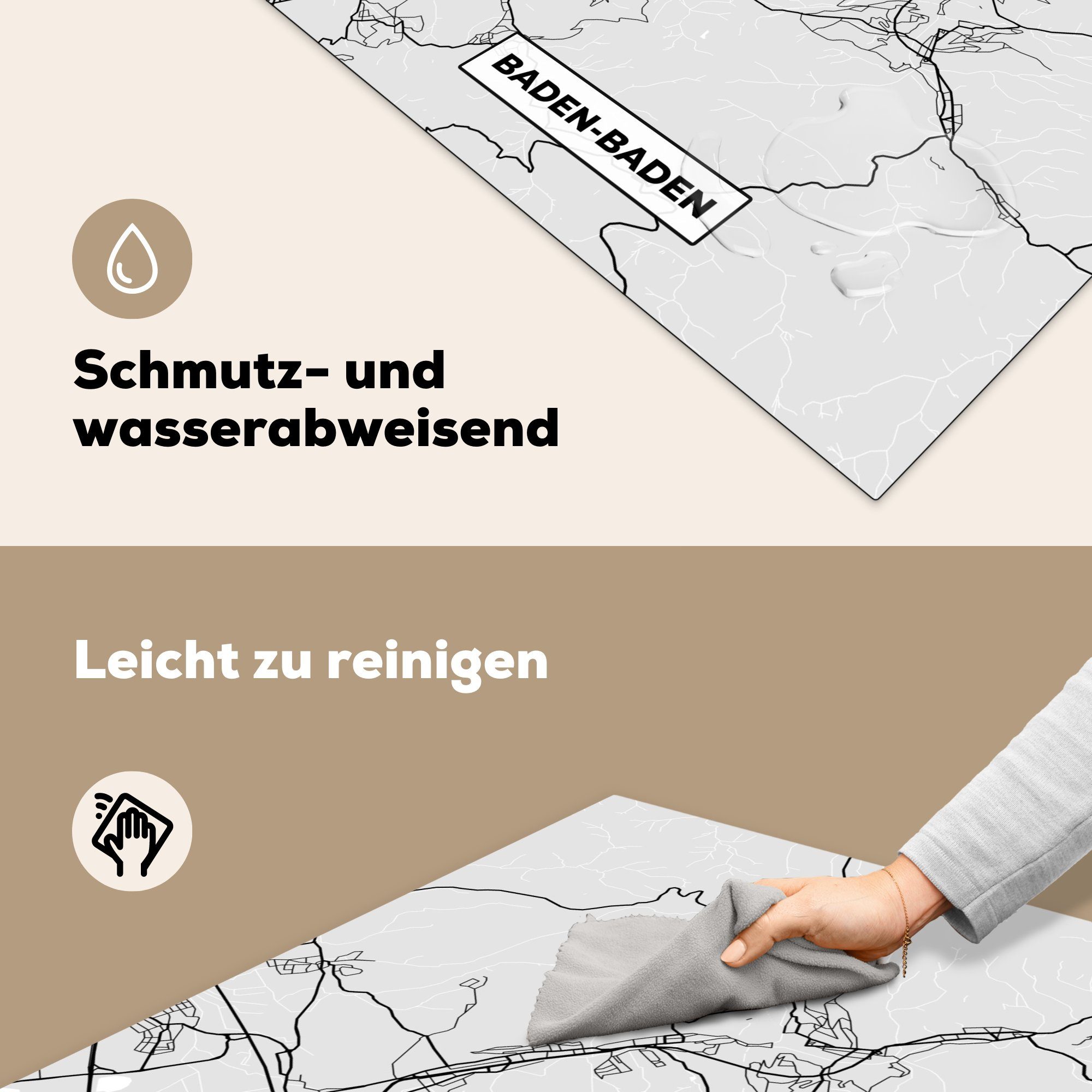 MuchoWow Herdblende-/Abdeckplatte Deutschland küche Karte cm, - Arbeitsplatte Wegbeschreibung, Vinyl, tlg), Baden-Baden 78x78 Ceranfeldabdeckung, - für - (1 Stadtplan 