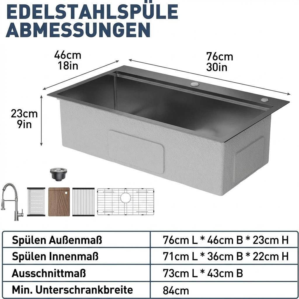 GarveeMore Edelstahlspüle Edelstahl Spülbecken – Einbauspüle, 5-teiliges Set, rechteckig, 75/45 cm, mit ausziehbarer 304 Federarmatur, Schwarz