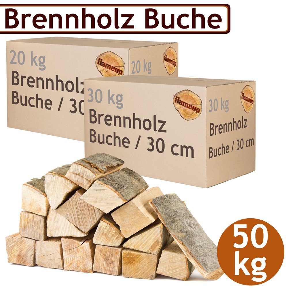 Flameup Kaminholz Brennholz Kaminholz Holz 50 kg Ofen Kamin Kaminofen Grill Buche 30 cm, 50 kg