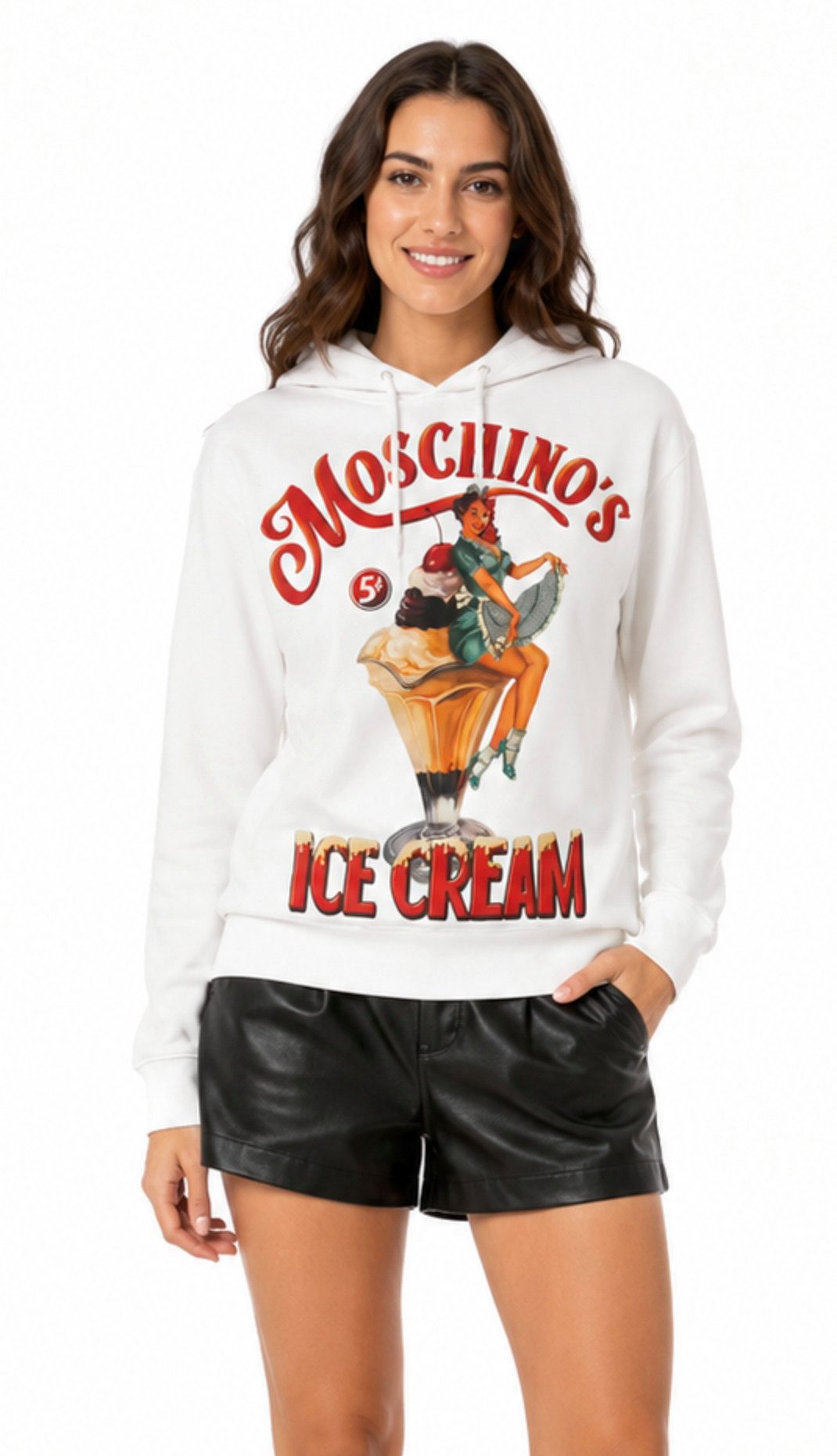 Moschino Hoodie Couture! Kapuzen Sweatshirt Retro Pinup Girl Ice Cream (1-tlg) Retro-inspirierte Pin-up-Grafik Girl 5¢ Printdetail
