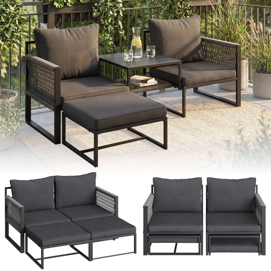 STEELSØN Sitzgruppe Tyranis 4-teiliges Gartenmöbel Set mit Tisch & Hocker, (schwarz, 4-tlg), gepolsterte Sitzgarnitur für 2-4 Personen, wetterfest, bis 160 kg