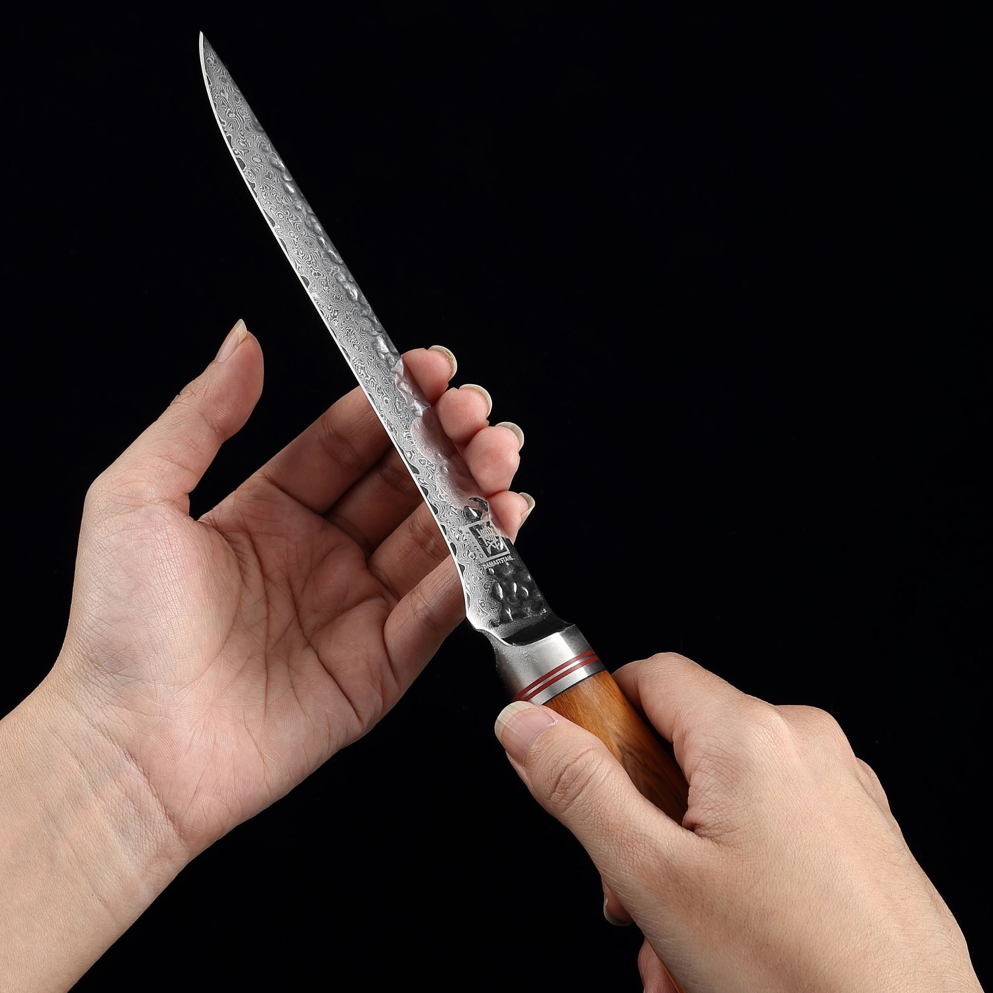 ZAYIKO Ausbeinmesser Minami Damast Filetiermesser Küchenmesser 16,5 cm Klinge Olivengriff, Damaststahl, VG10-Kern, Hammerschlag