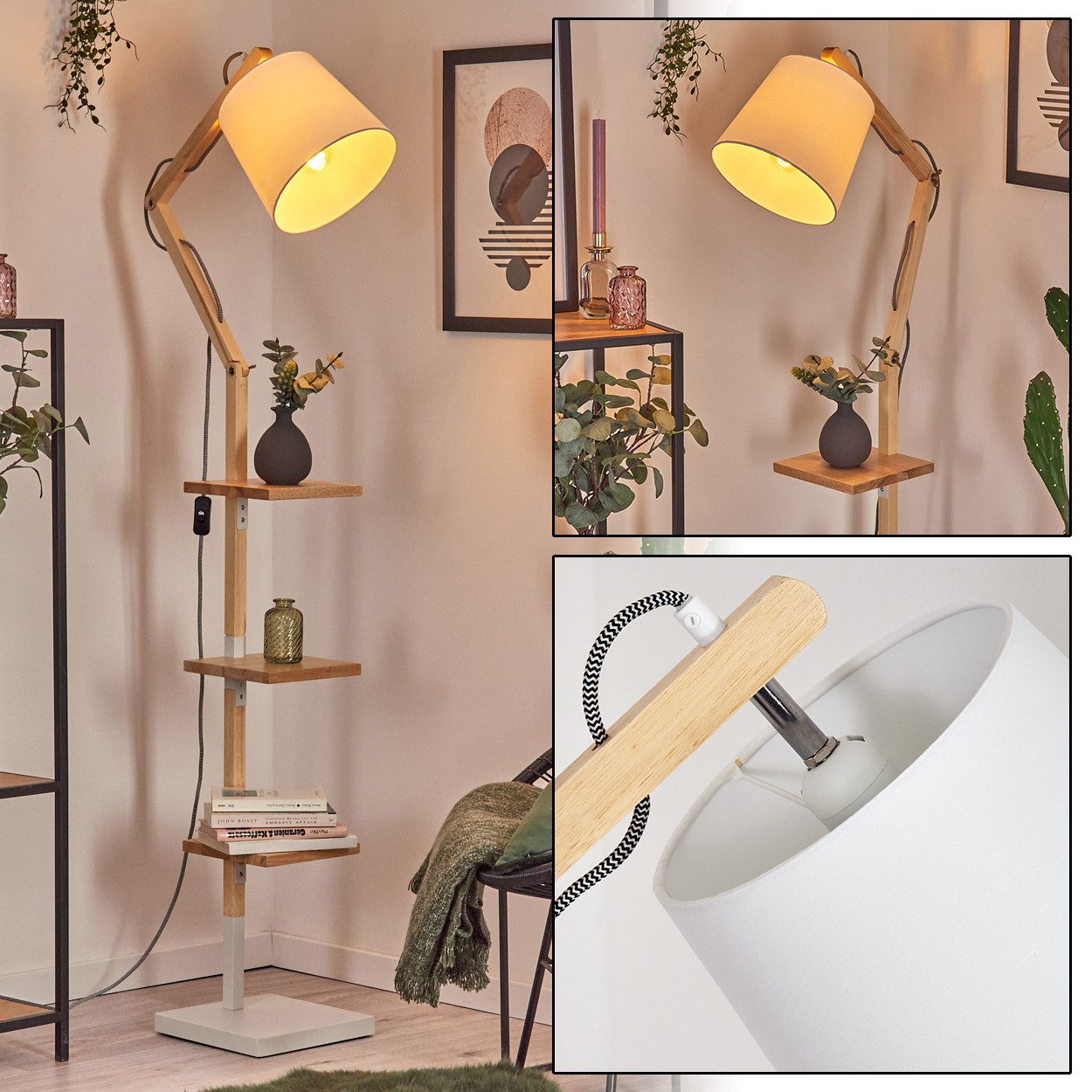 Stehlampe verstellbare Stehlampe aus Holz/Metall/Stoff in Natur/Weiß