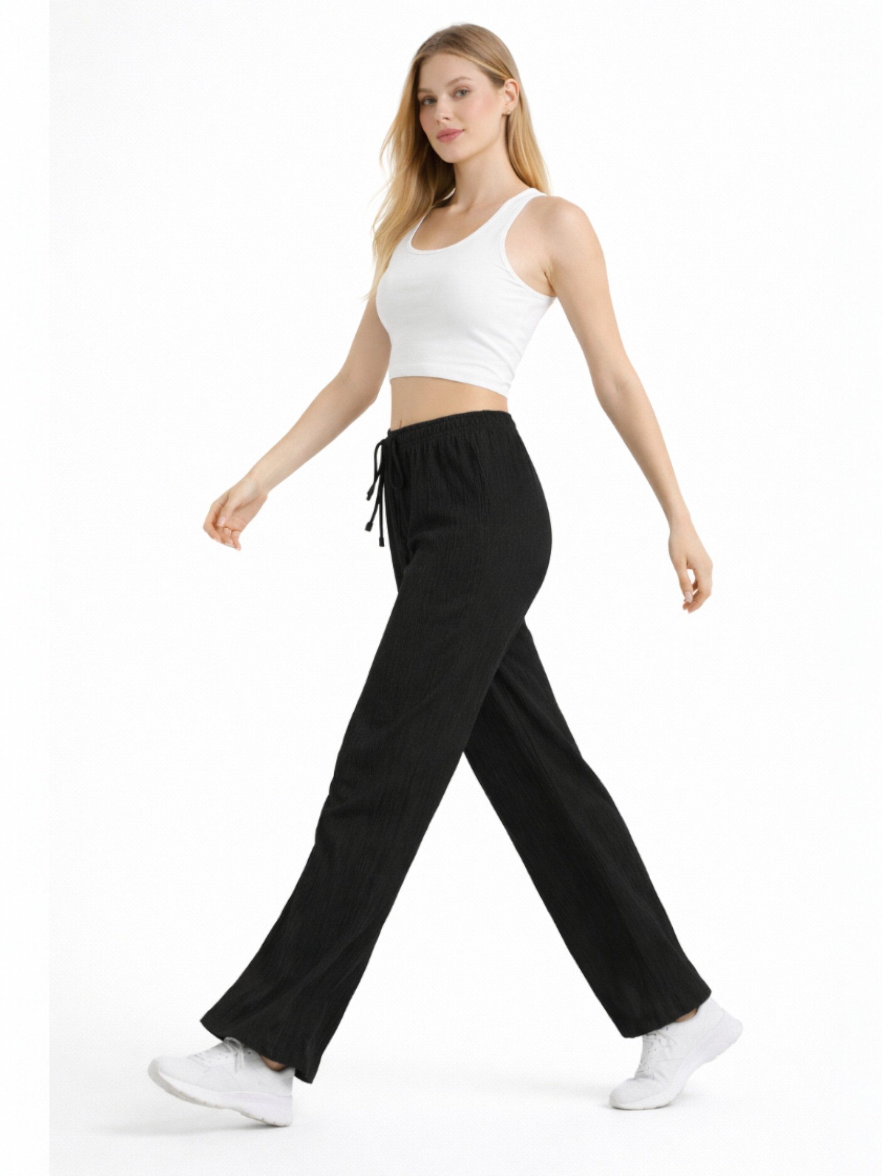 fashionshowcase Palazzohose Damen Crinkle Stoffhose elastischer Bund Tunnelzug weites Bein hoher Bund, elastischer Tunnelzug