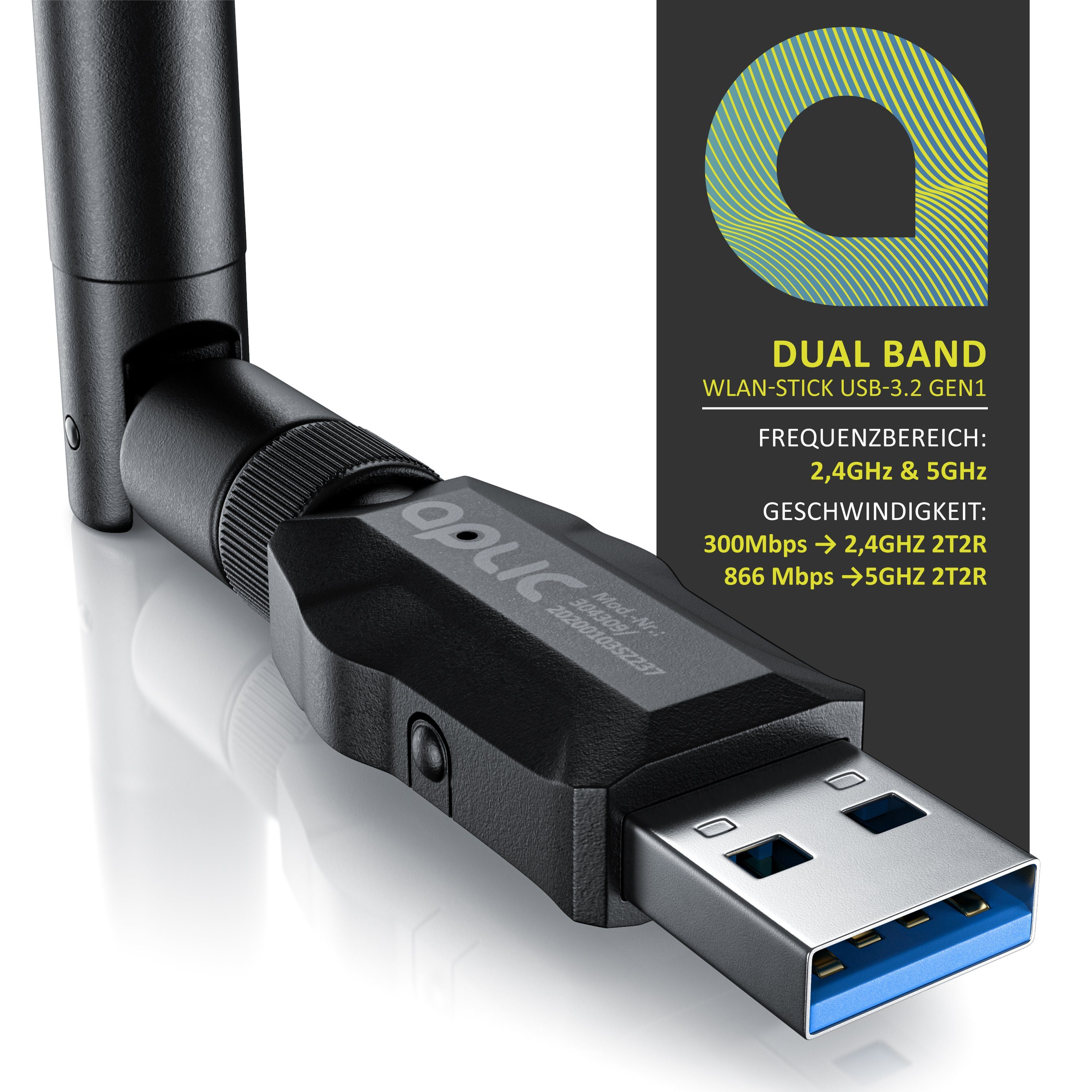 Aplic WLAN-Stick WIFI Adapter 1200MBit/s, 2,4Ghz + 5Ghz Dual Band, externe Antenne, USB 3.2 Gen.1 Netzwerk Dongle, für PC Desktop Laptop, auch Windows 11
