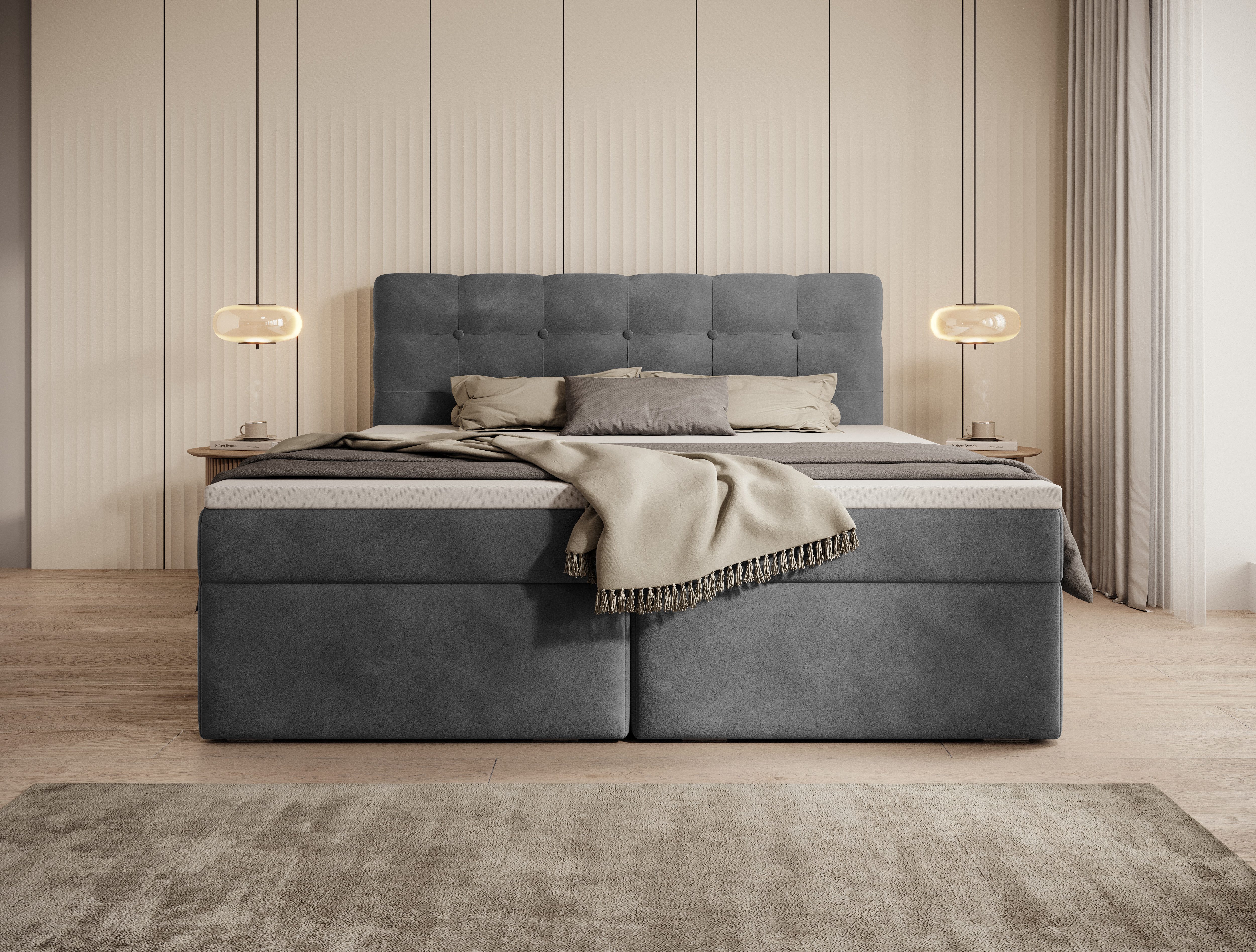 thematys Boxspringbett Luxus mit Bettkasten 140x200–200x200cm - Velours oder Bouclé Bezug (Polsterbett Bonnellfederkern Matratze H3 + Gratis 3cm Topper, – Doppelbett mit Stauraum - Boxbett)