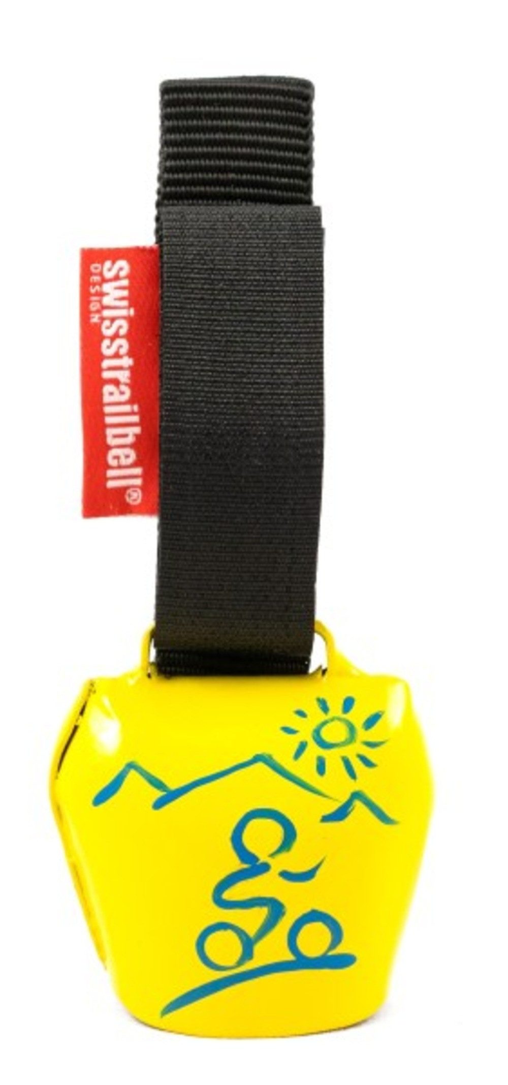 Fahrradklingel fresh Colour: Gelb mit blauem Mountainbiker, schwarzes Band, Trailbell