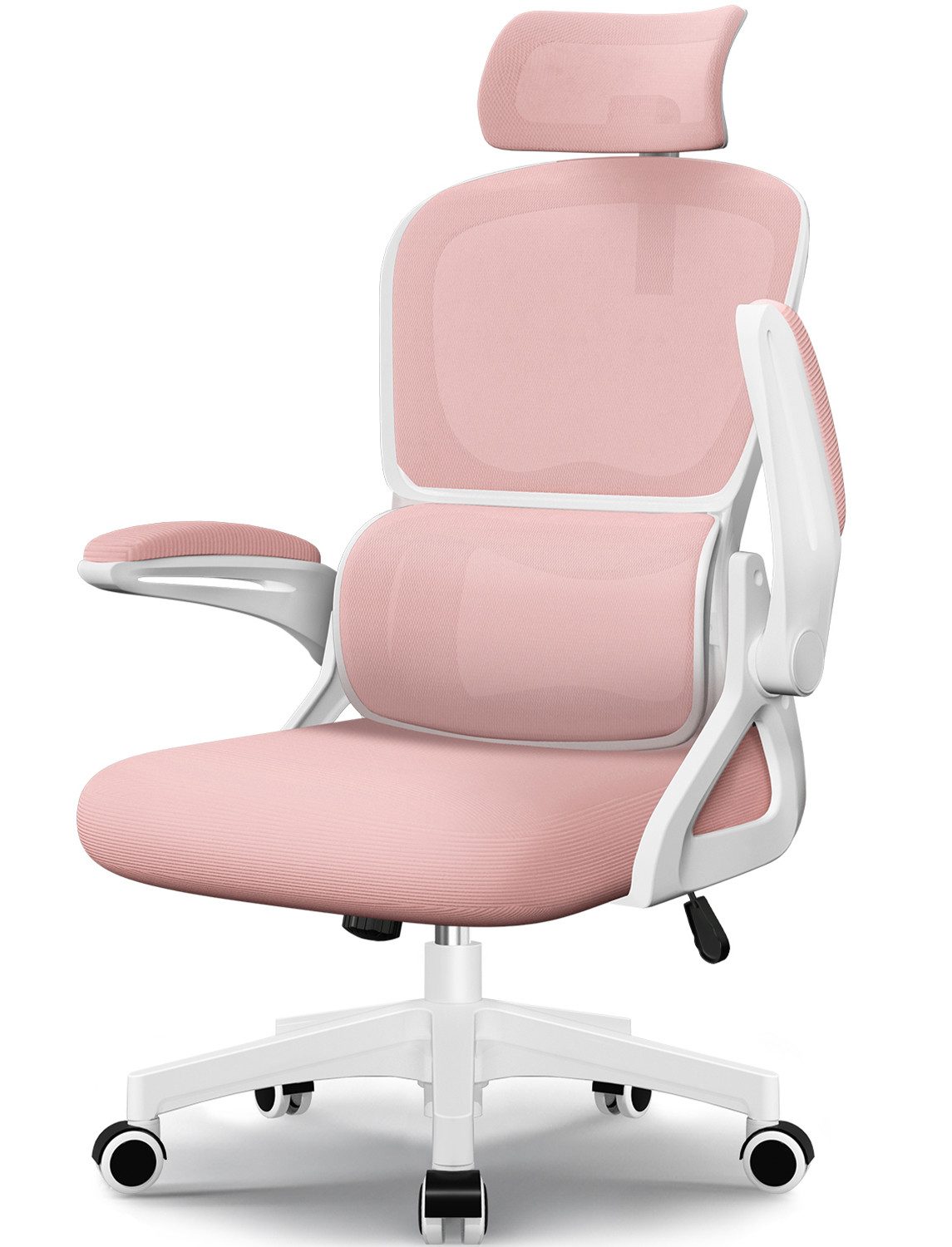 Homimaster Bürostuhl Bürostuhl, Schreibtischstuhl Ergonomisch mit Klappbaren Armlehnen (Bürostuhl mit Verstellbarer Kopfstütze, 90° Klappbare Armlehnen und Lendenwirbelstütze, Höhenverstellbarer Chefsessel aus Mesh), Bürostuhl mit maximaler Neigung von 135°, bis 150 kg belastbar