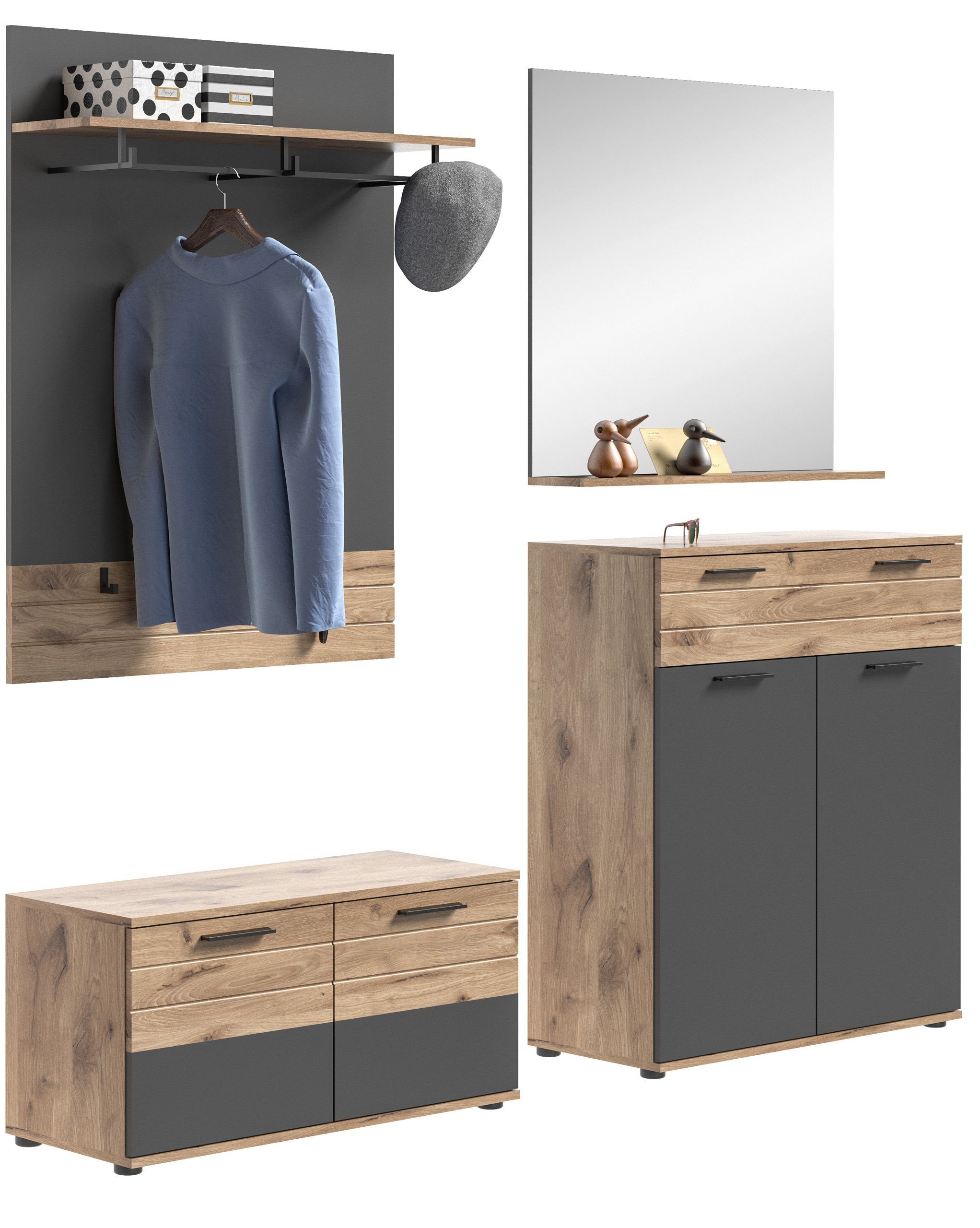 Newroom Garderoben-Set Eiche 200 cm, Garderoben-Set Basalt Grau Eiche Flurmöbel Garderobenschrank Indus...