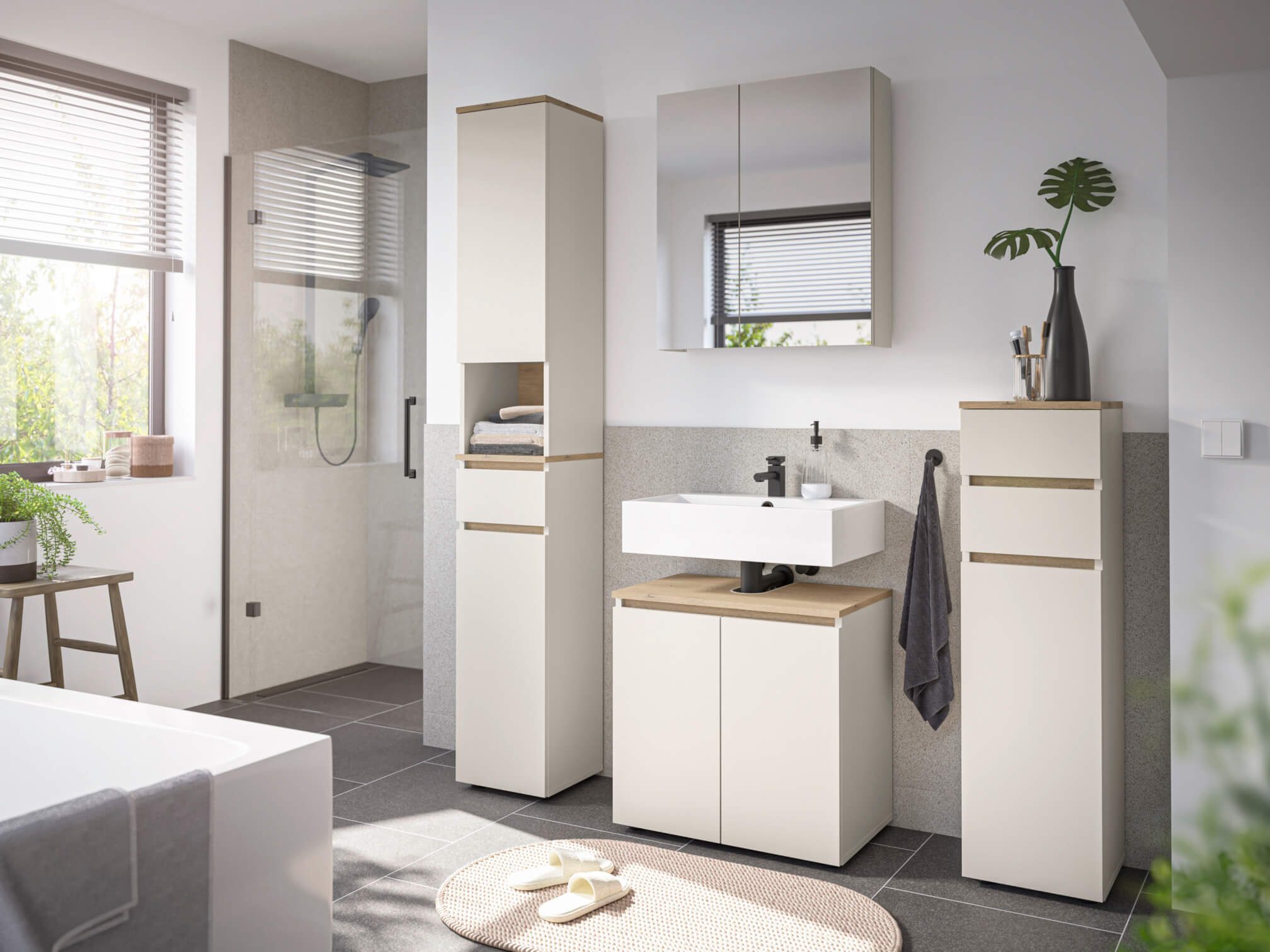 moebel-dich-auf Badmöbel-Set LONDRES, (Set 1, 4-St., Hochschrank, Spiegelschrank, Wbu, Kommode), in kaschmir oder anthrazit, Absetzung: Cremona Eiche