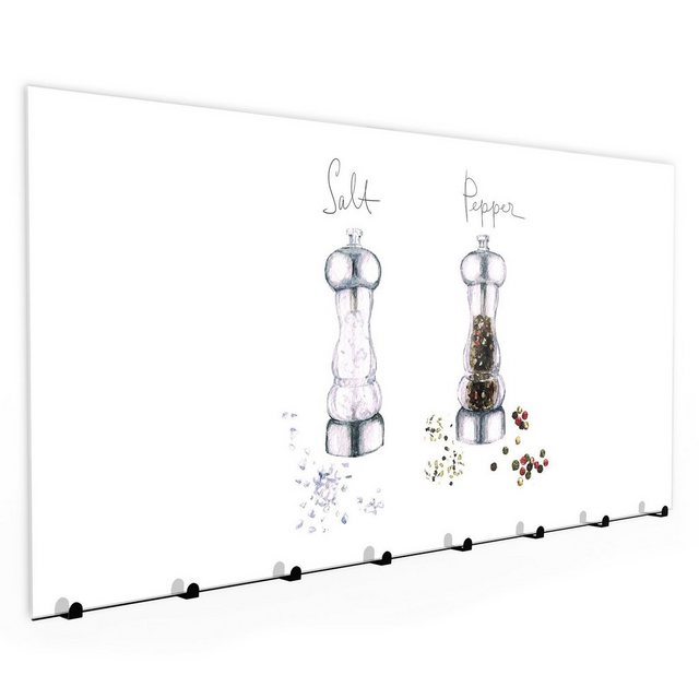 Primedeco Garderobenpaneel “Garderobe, Schlüsselbrett mit Magnetwand und Memoboard aus Glas mit Motiv Mühlen Pfeffer und Salz”