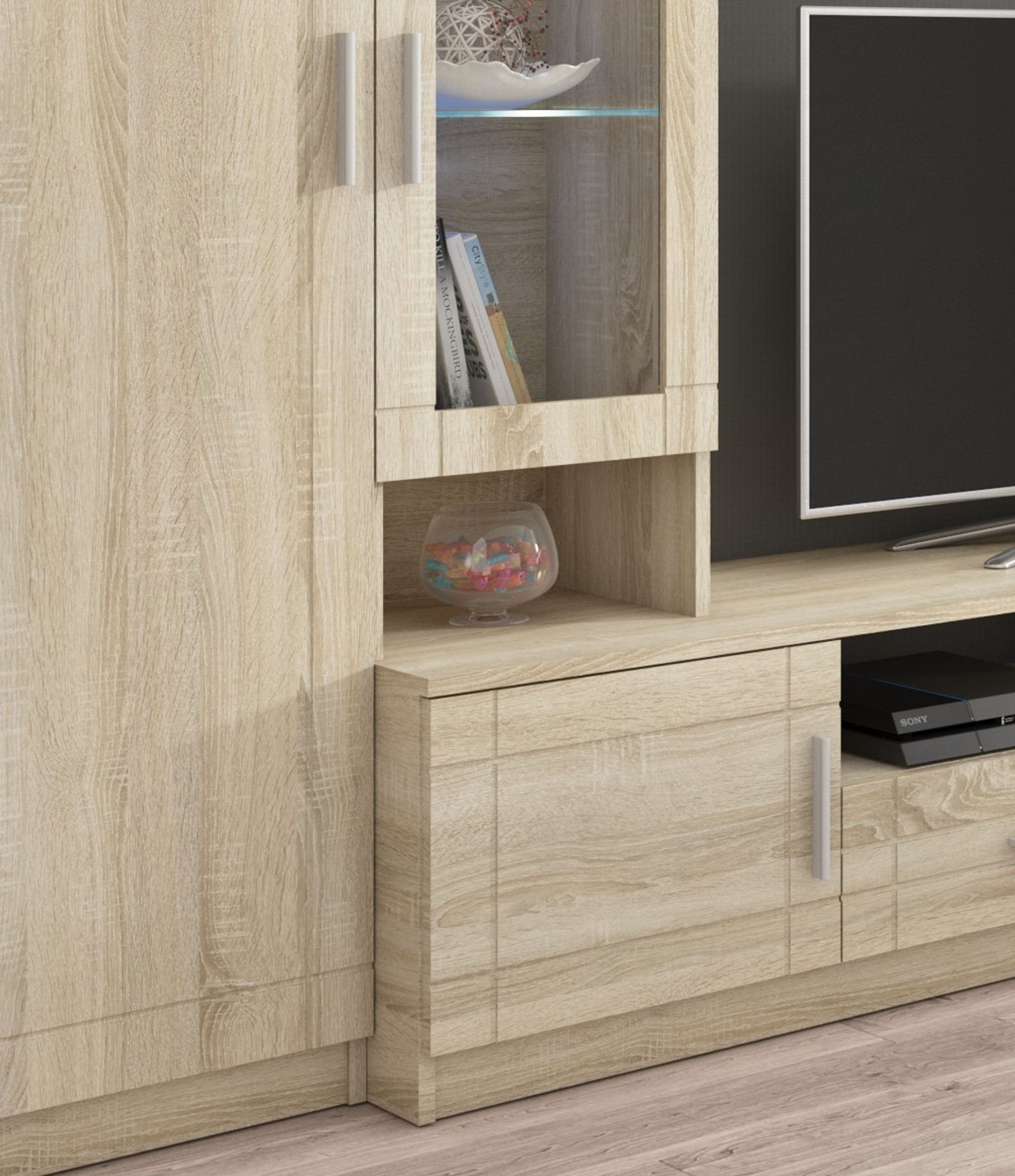 Küchen-Preisbombe Wohnwand Paris Schrankwand Anbauwand Wohnzimmer Sonoma Eiche matt, (4-St)