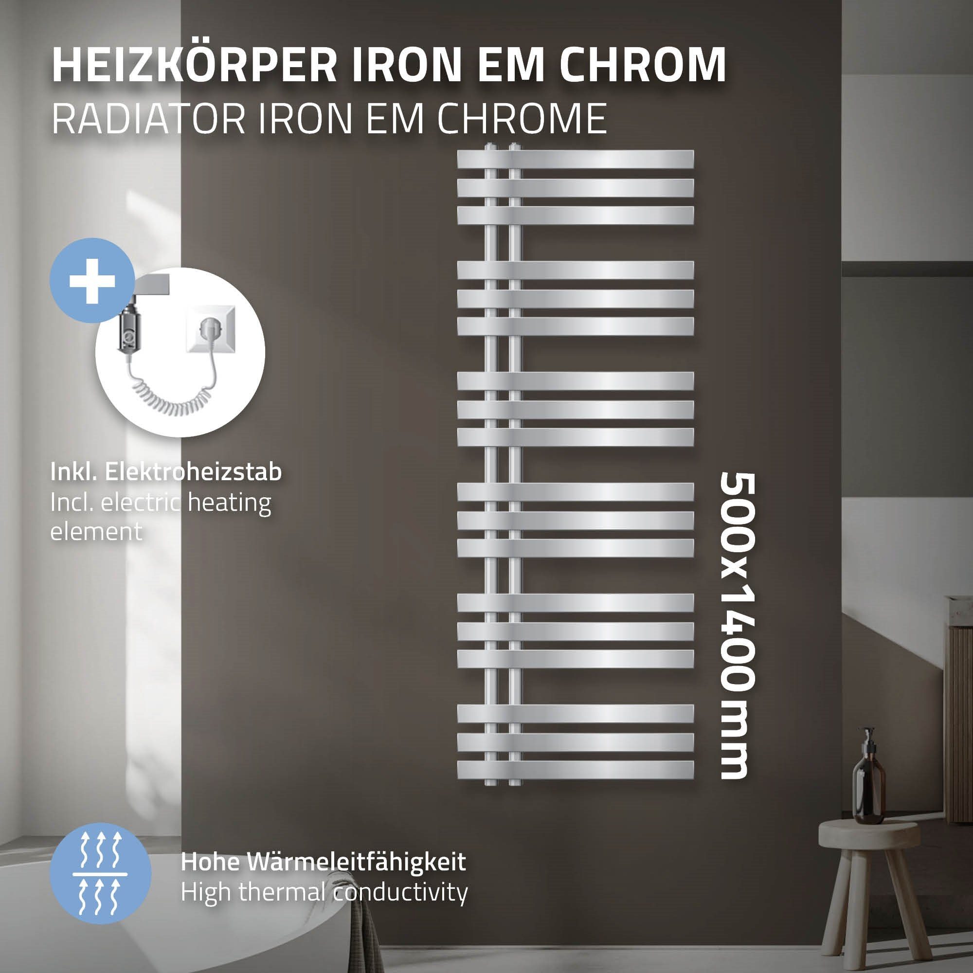 EM Heizstab Designheizkörper Elektrisch 500x1400mm Handtuchwärmer, Badheizkörper LuxeBath Iron Paneelheizkörper 900W Heizkörper Chrom