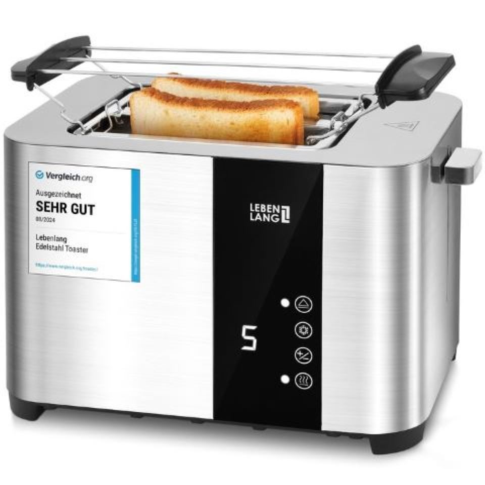 Lebenlang Тостери Premium 2-Scheiben Multifunktionstoaster aus Edelstahl, für 2-Scheiben, 850,00 W, mit Touchscreen-Display, 7 Bräunungsstufen und 4 Funktionen