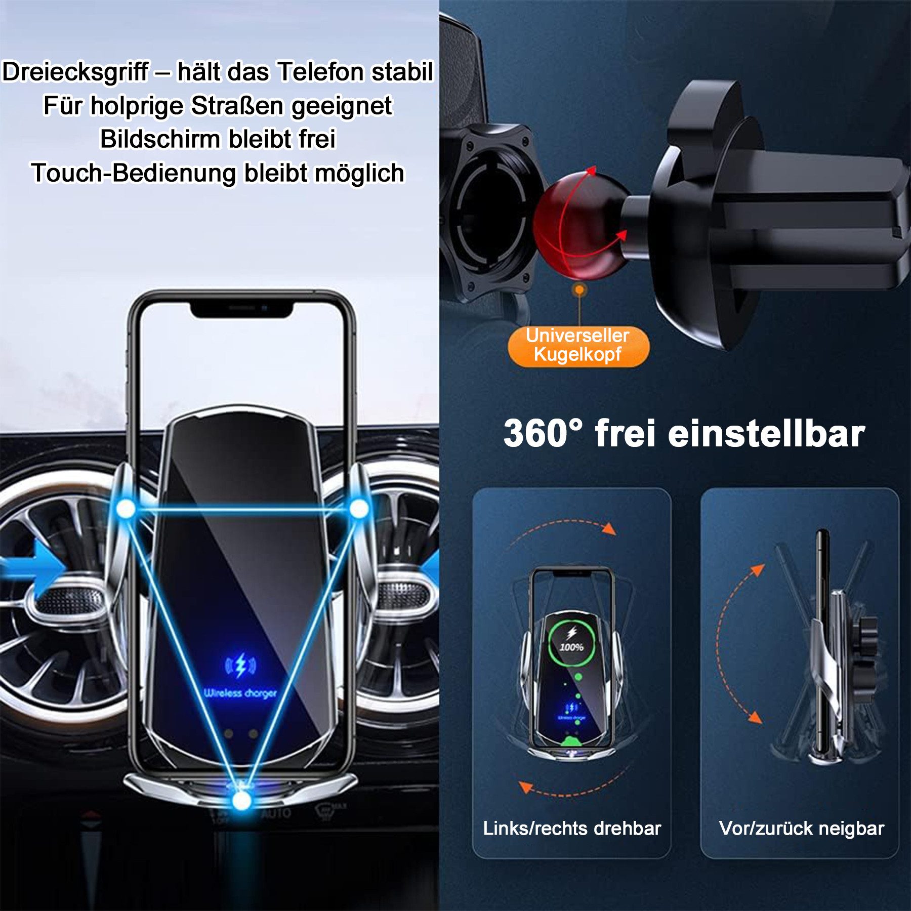 Senmudi Handy-Halterung Kabelloses Autoladegerät 15W, Auto Handyhalterung mit Ladefunktion, (Qi Schnellladegerät, magnetisch und automatische Klemmung, 360° Dre – Bild 4 von 5