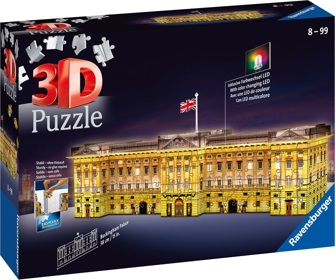 mit LEDs; Ravensburger Puzzleteile, - Europe, Nacht, bei weltweit FSC® Wald 3D-Puzzle - 216 Farbwechsel Palace in Made schützt Buckingham