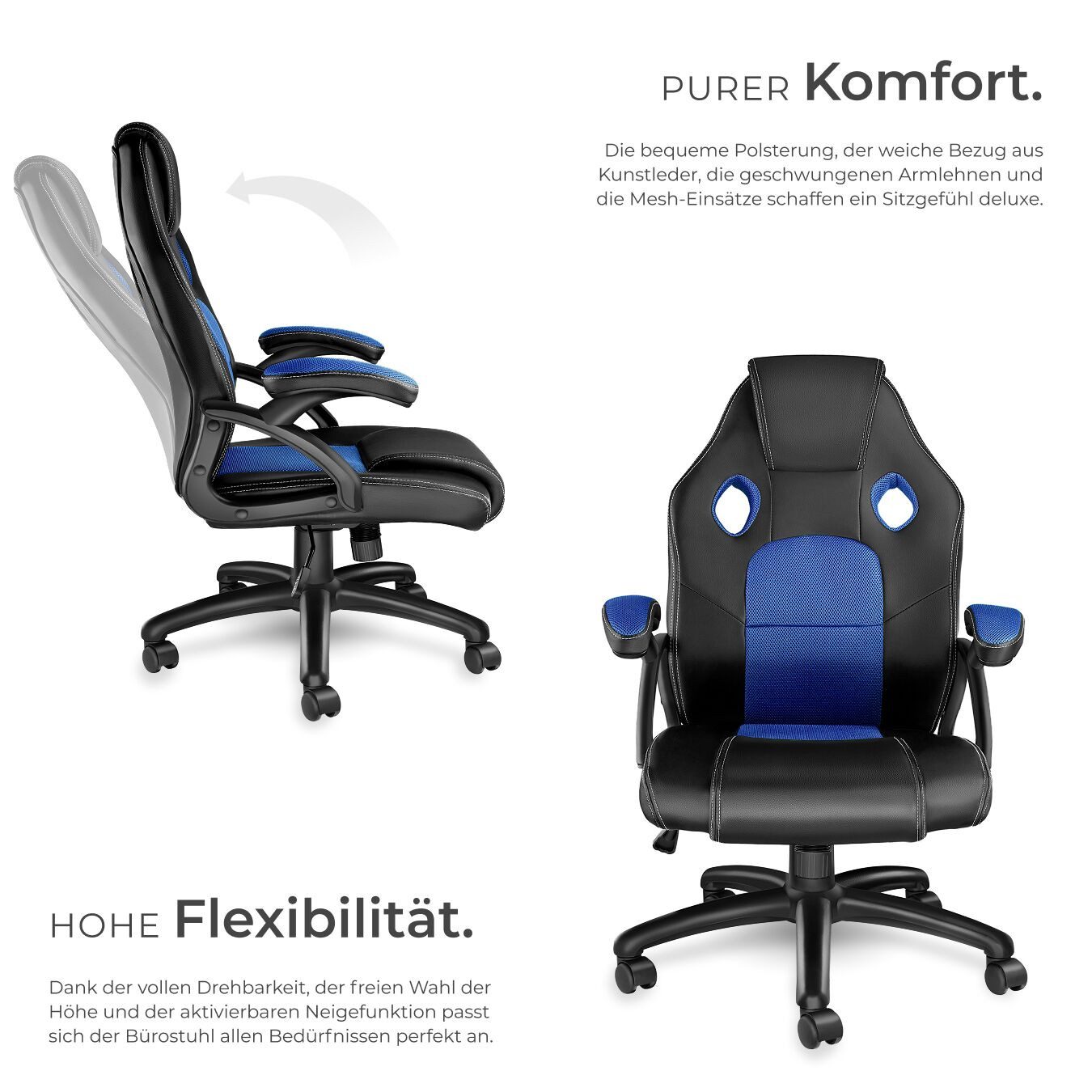 tectake Gaming-Stuhl Bürostuhl (Set, 1 St), Textileinlagen gegen Schwitzen