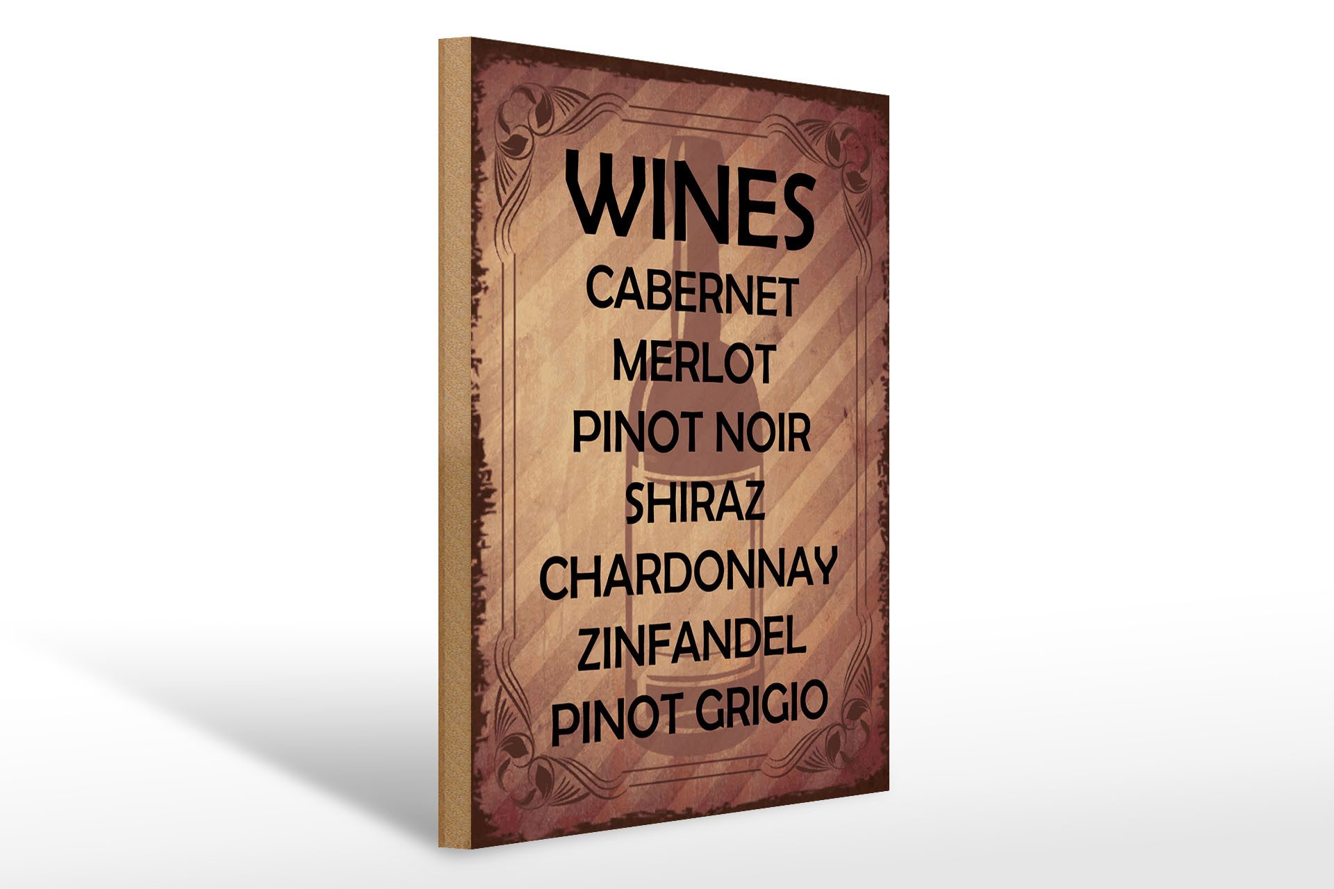 Femer GmbH Holzbild Alkohol 30x40 cm Wines 7 Weinsorten aufgelistet, (1 St), Glatte Holzfaserplatte (MDF), vorn beschichtet